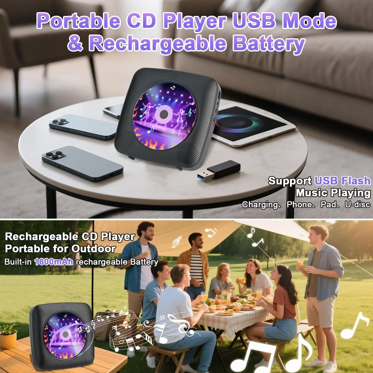 Gueray Lettore CD portatile Hifi Bluetooth con altoparlanti batteria ricaricabile 1800 mAh telecomando radio FM USB AUX Nero