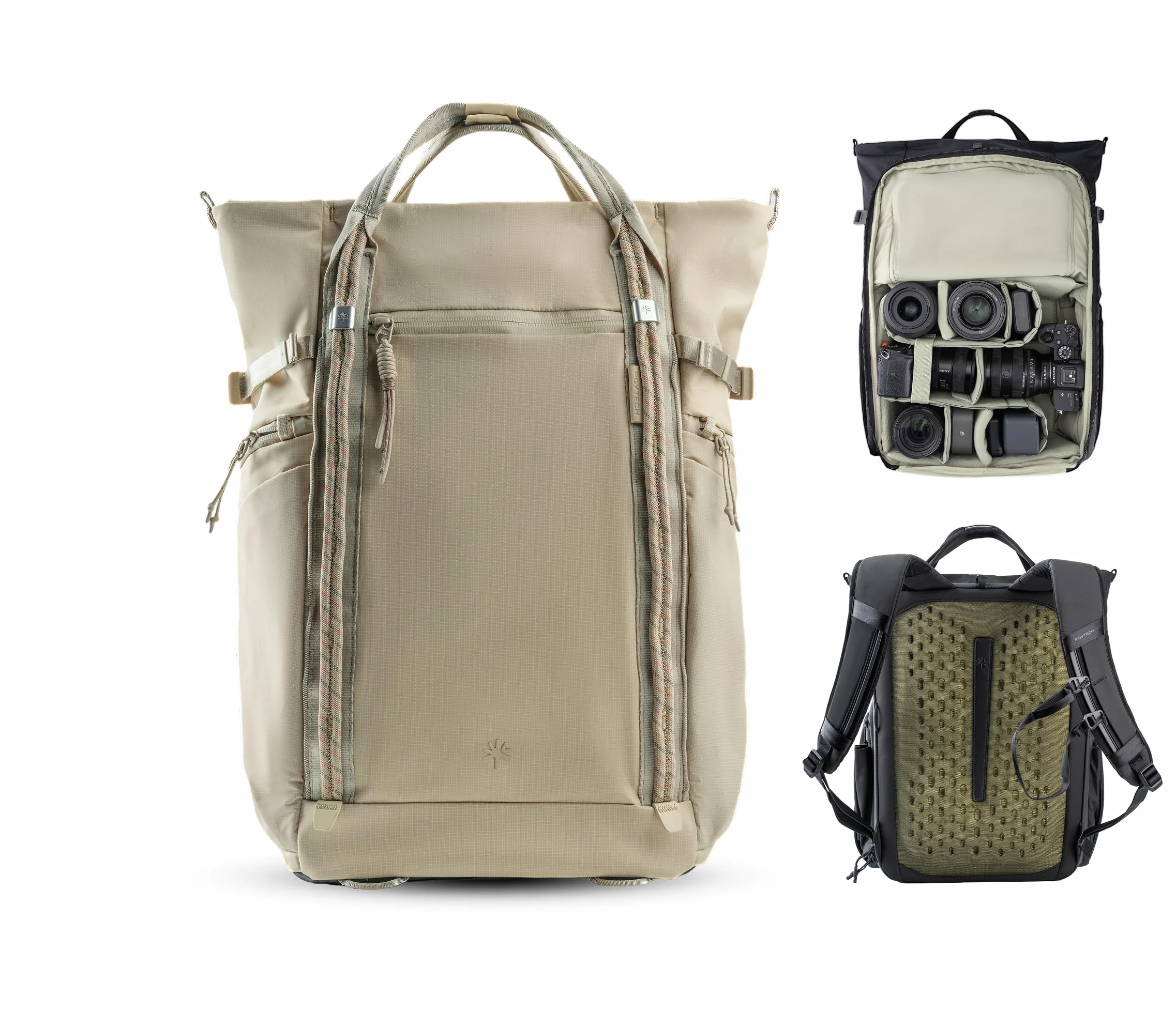 PGYTECH OneGo Roamer Zaino Fotografico 18L, Tote Casual Idrorepellente con Doppio Trasporto, per Fotocamere Reflex/Mirrorless, Drone DJI Mavic, MacBook Air 15", Supporto Treppiede (Khaki)