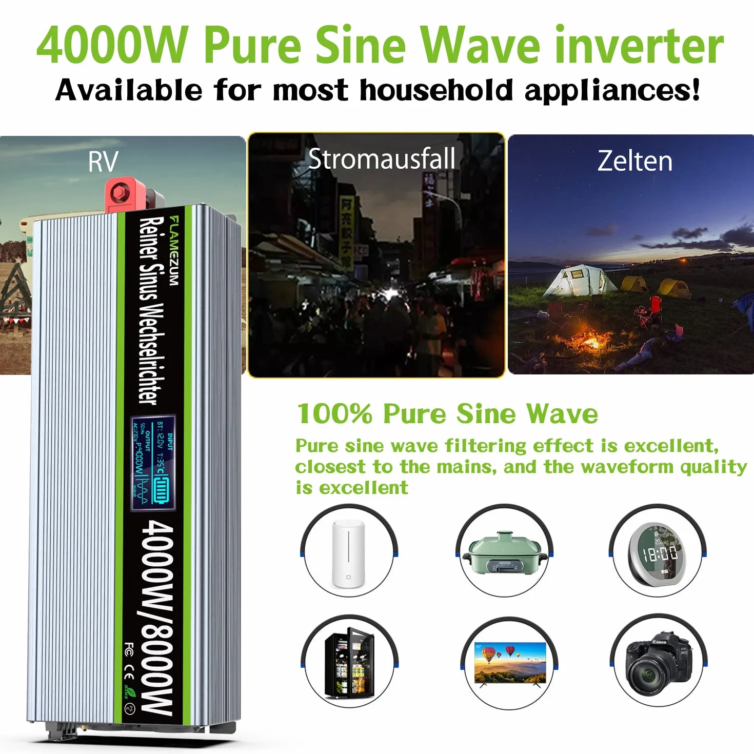 4000W/8000W Power Inverter 12v 220v Onda Pura Transformatore di Tension Convertitore Invertitore di Tensione-2 EU Presa con Uscita USB Telecomando Adatto per frigoriferi,Elettrosega