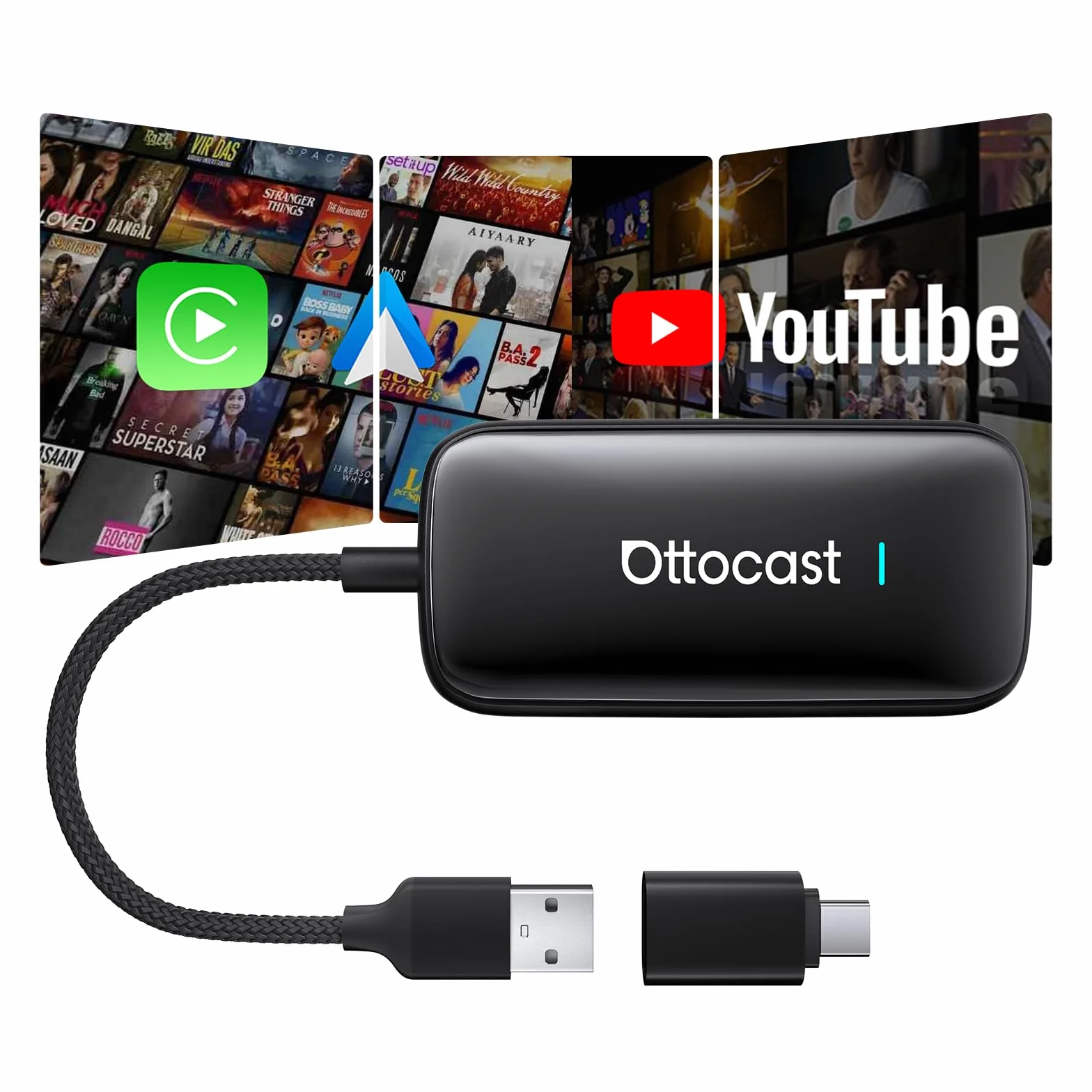 OTTOCAST Play2Video Ultra 2025, CarPlay e Android Auto Wireless con YouTube/Prime Video, Plug & Play, AI Box da 4 GB + 32 GB per Veicoli con CarPlay Cablato dal 2016