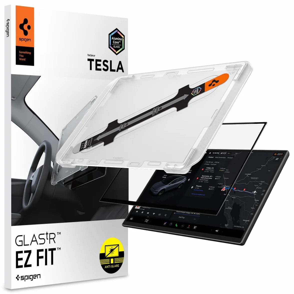 Spigen Glas.tR EZ Fit Vetro Temperato per Tesla Model Y L (2026) 16 pollici, Antiabbagliante