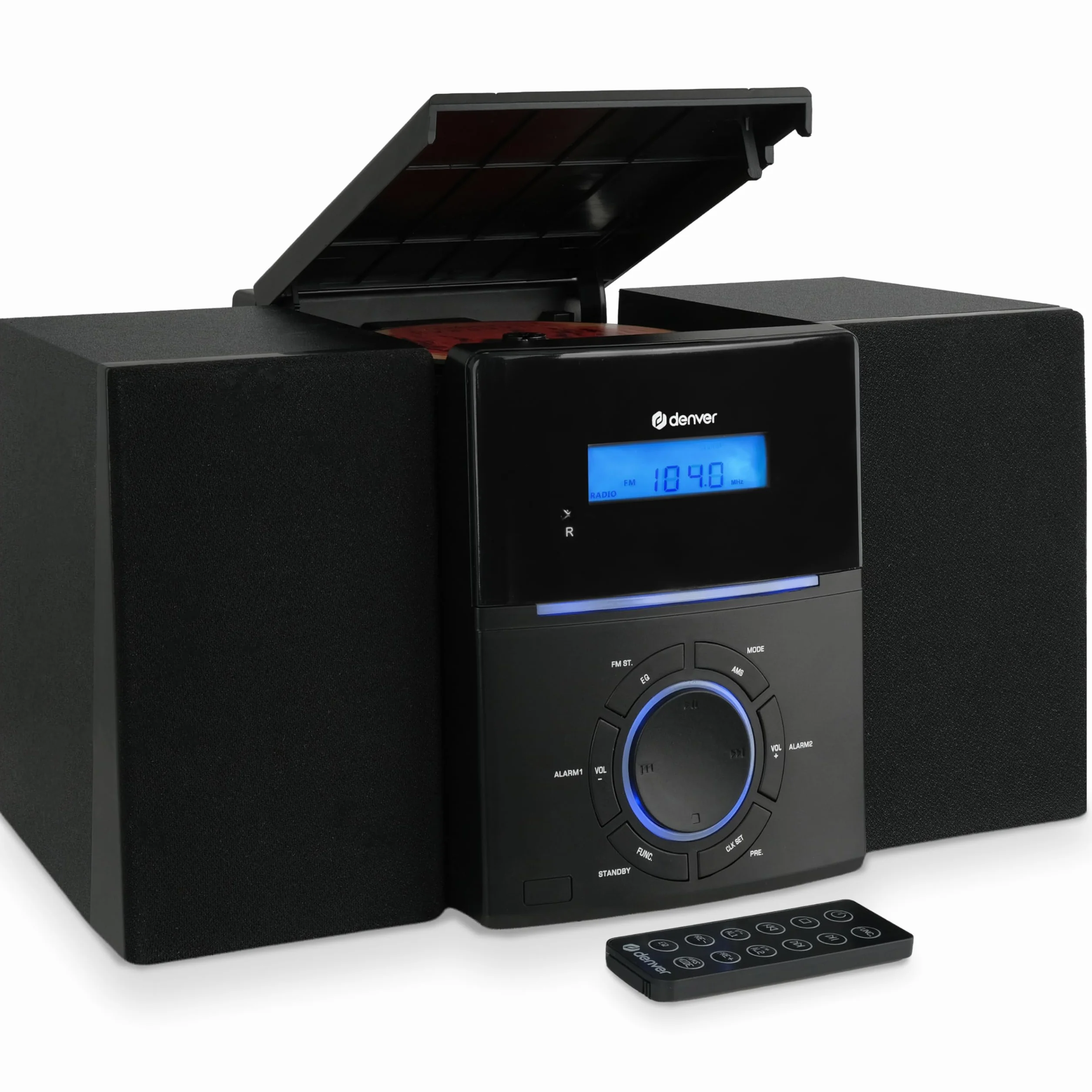 Denver MCA-240 – Impianto stereo casa con lettore CD HiFi, radio FM, sveglia doppia, AUX, telecomando incluso – Mini stereo compatto per casa