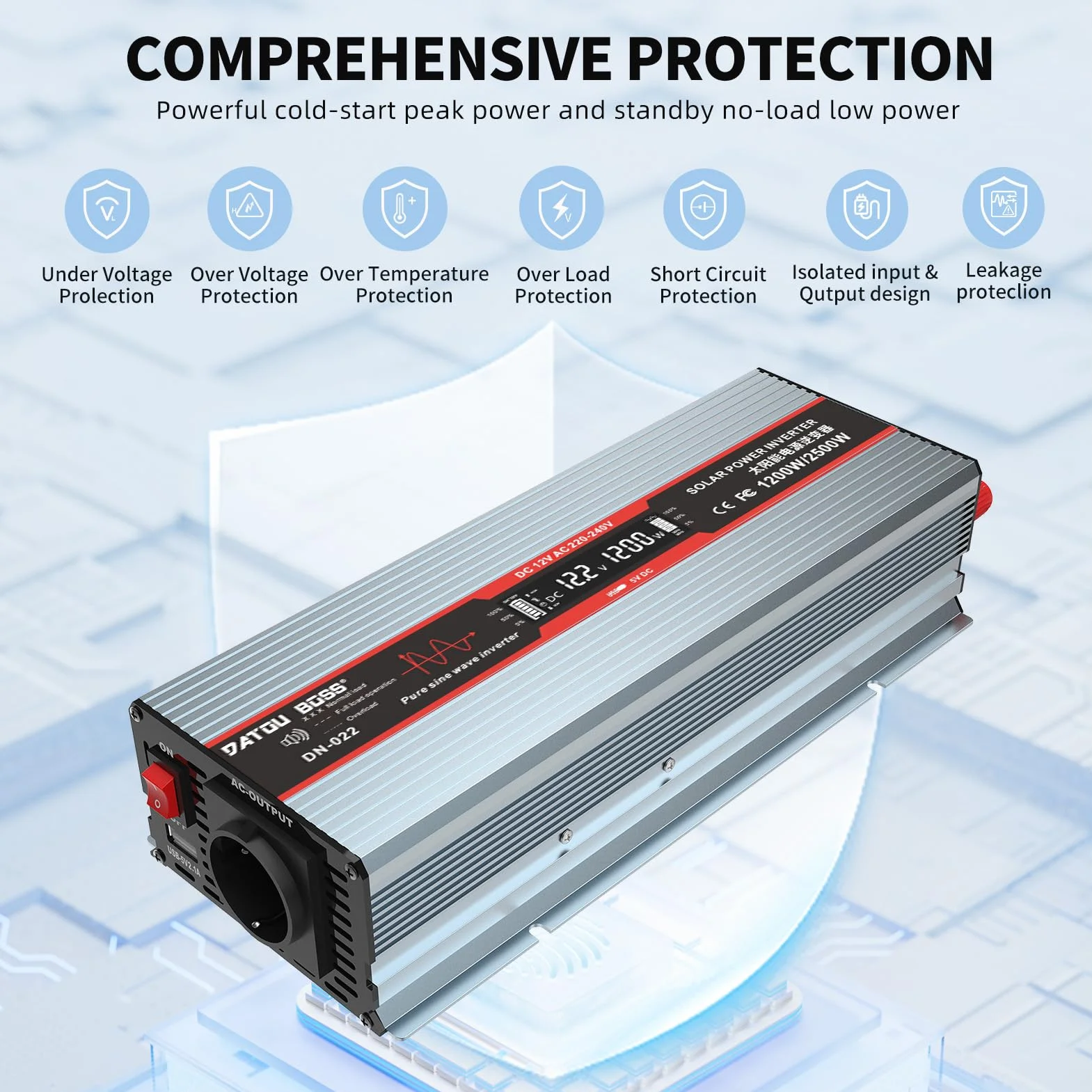 DATOUBOSS Inverter 12V 220V/230V Onda Sinusoidale Pura 1200W/2500W Convertitore di Tensione con Prese EU, Porte USB e Display LED per Auto, Camion, Roulotte, Elettrodomestici, Grigio