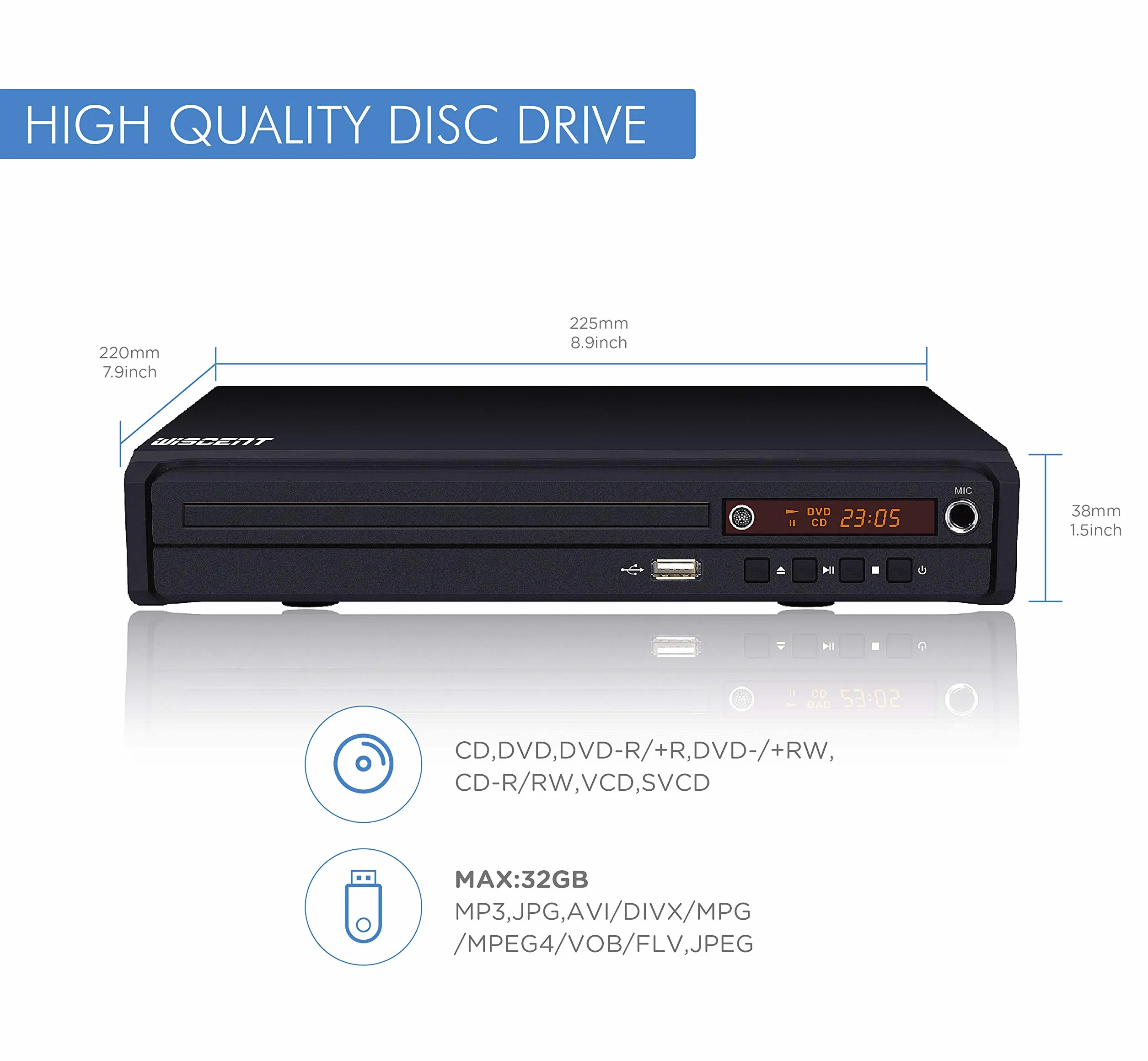 WISCENT Lettore DVD compatto multi-regione, MP3, Mpeg4, USB, HDMI, AV, CD per uso domestico