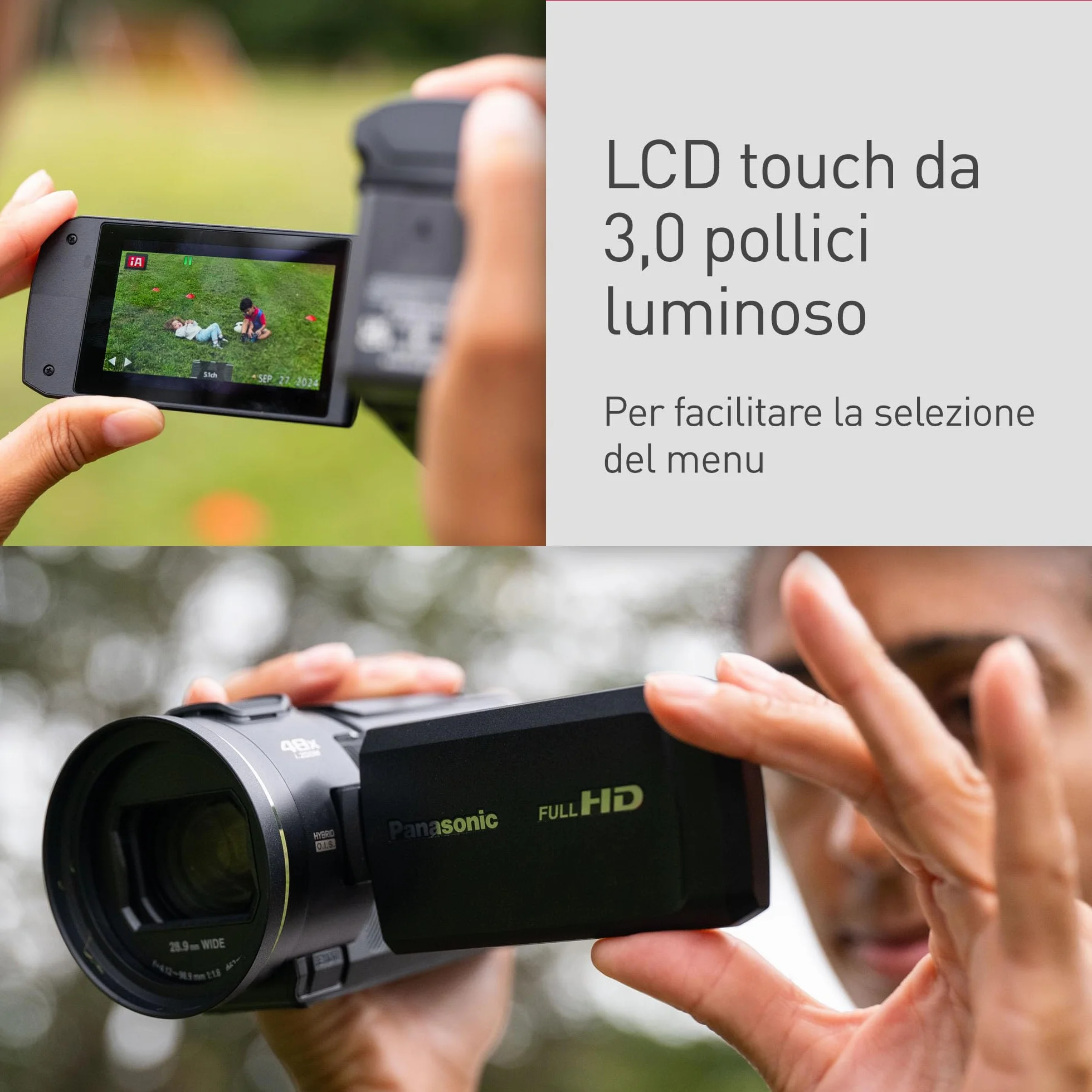 Panasonic HC-V900E-K Videocamera Compatta Full-HD, Grandangolo 25 mm, Zoom Ottico 24x, Nero