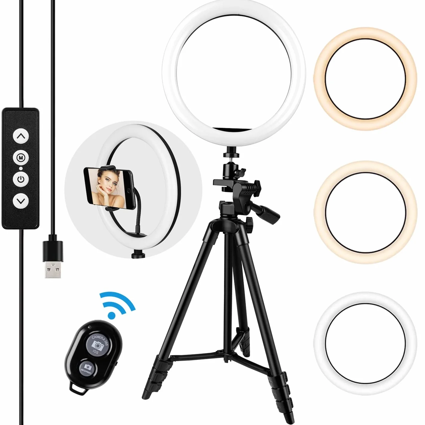 10" Ring Light, Luce Per Selfie Telecomando con Trepiedi per Cellulari, 3000k-5600k 3 Modalità e 10 Luminosità, Luce ad Anello USB per Tik Tok/Youtube/Trucco/Selfi