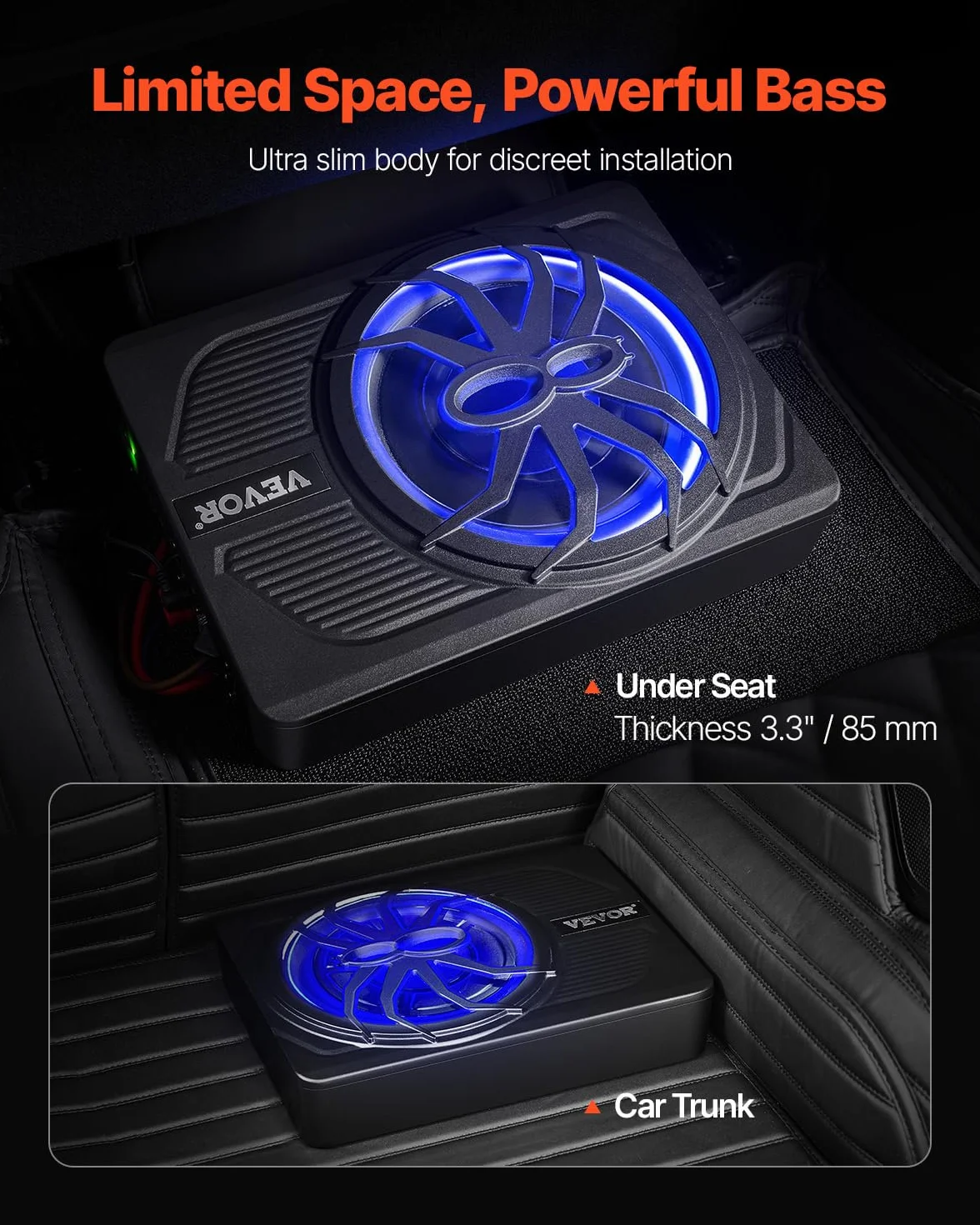 VEVOR Subwoofer per Auto Sotto Sedile, Subwoofer Auto Sottile Sistema Audio a Basso Profilo con Luce Blu, Amplificatore Integrato, Ingresso Livello Alto Basso Regolatore del Volume, 254 mm e 440 W