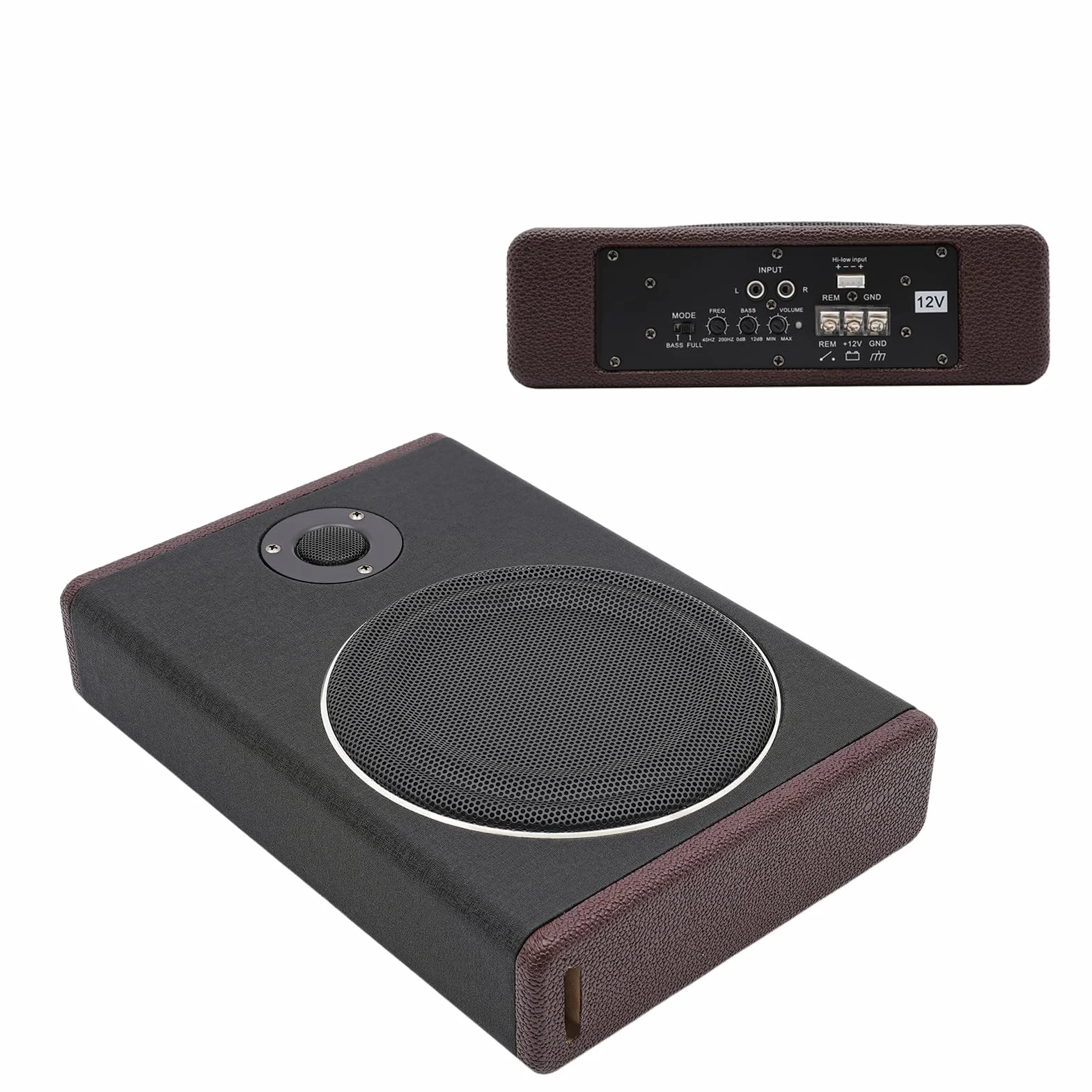Subwoofer da 8 Pollici, 600 W, Ultra Sottile, Attivo per Auto, Montabile Sotto il Sedile del Passeggero, con Custodia Protettiva in Corno in Acciaio