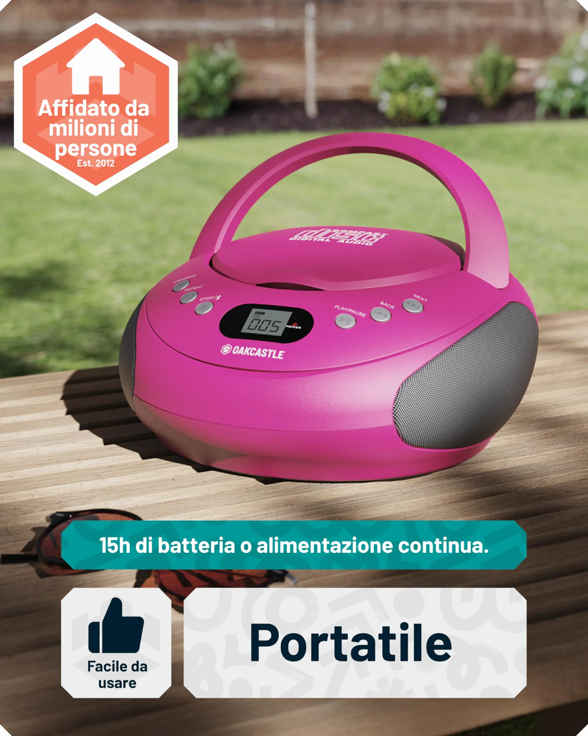 Lettore CD Portatile Bluetooth | FM Radio Stereo Casa | Radio Stereo Casa con Controlli Facili | 30 Preselezioni, Display a LED | Oakcastle Player (Rosa)