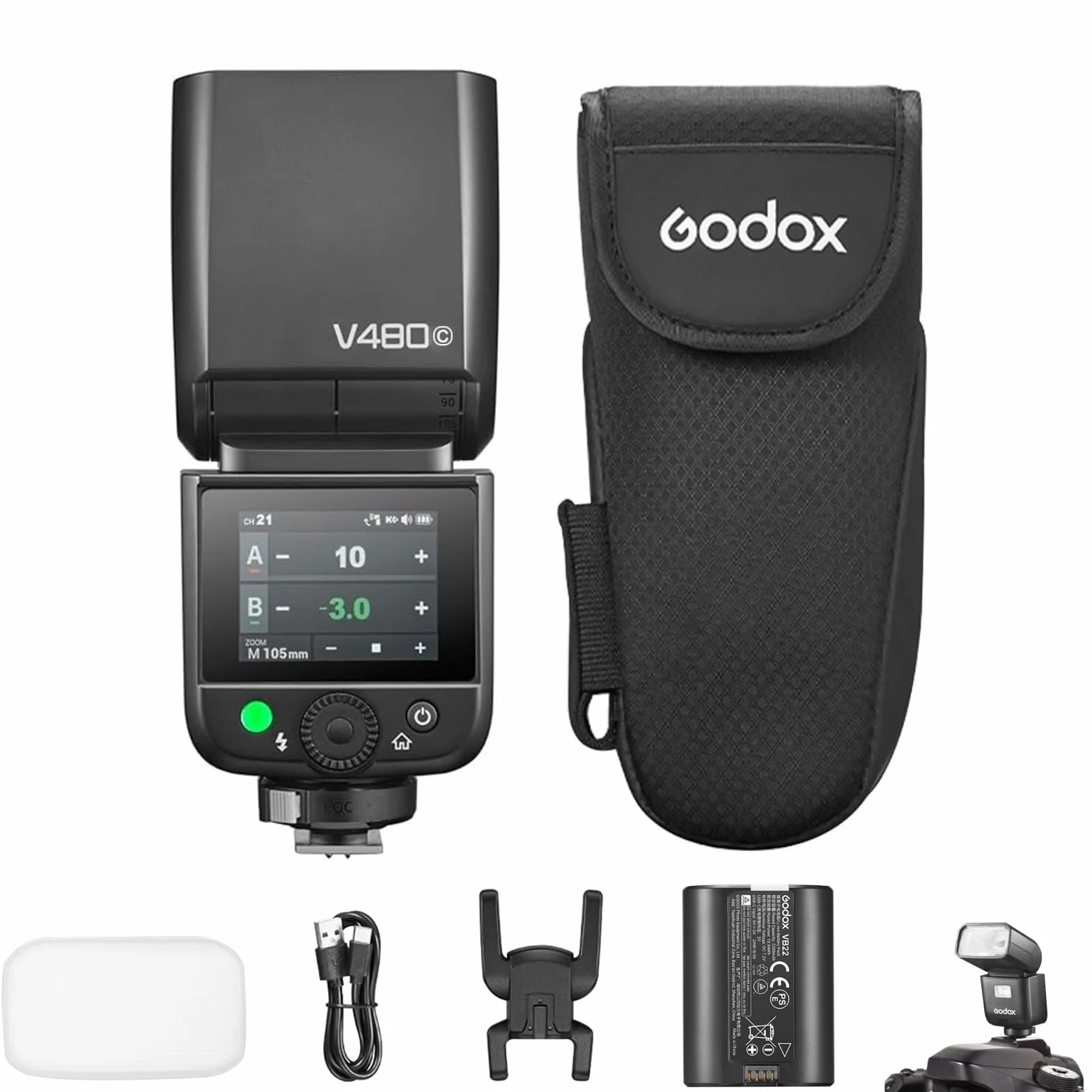 GODOX V480C Flash TTL per fotocamera Canon, numero guida 50, Speedlite 650, HSS 1/8000s, tempo di ricarica 1,7s, luce pilota LED integrata da 5600K con diffusore