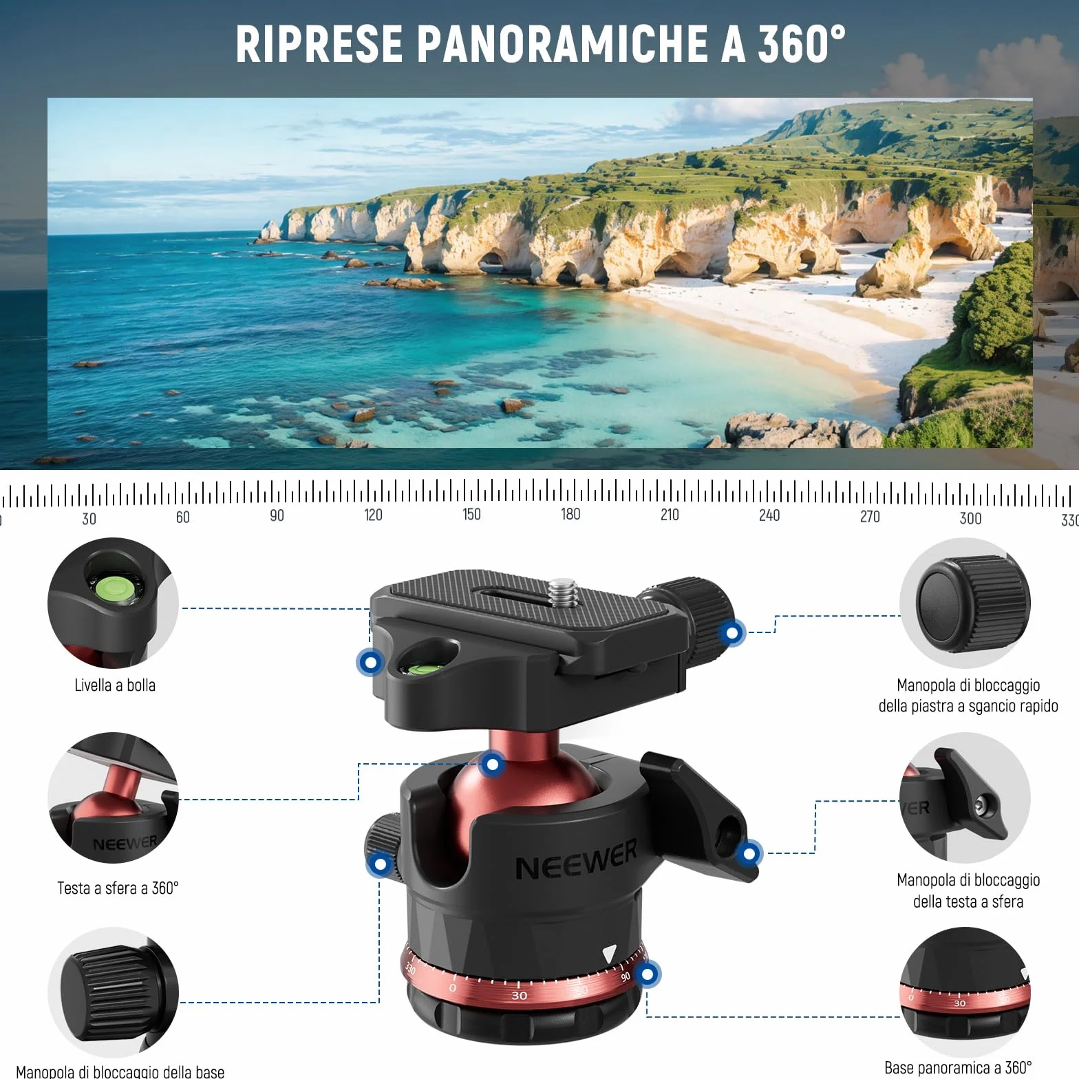 NEEWER BASICS Monopiede Treppiede Fotocamera da 1,8m con Colonna Centrale e Testa Sfera, Overhead Tripod DSLR Cellulare a Sgancio Rapido Compatibile con iPhone per Riprese Video Viaggio, Max 8kg, TP16
