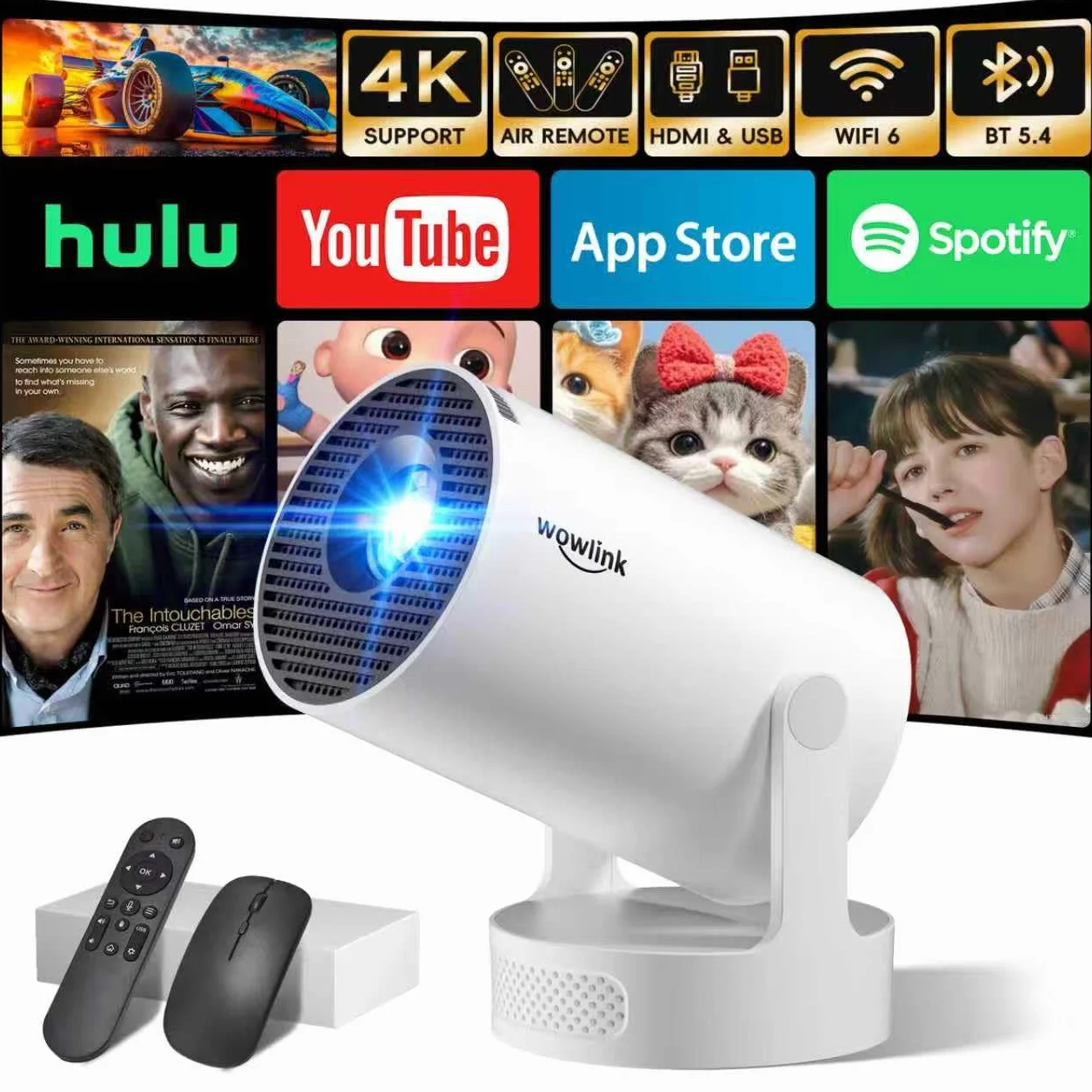 Mini Proiettore WiFi 6 Bluetooth 5.4 4K 1080P Auto Keystone Rotabile 180° Portatile HDMI Bianco
