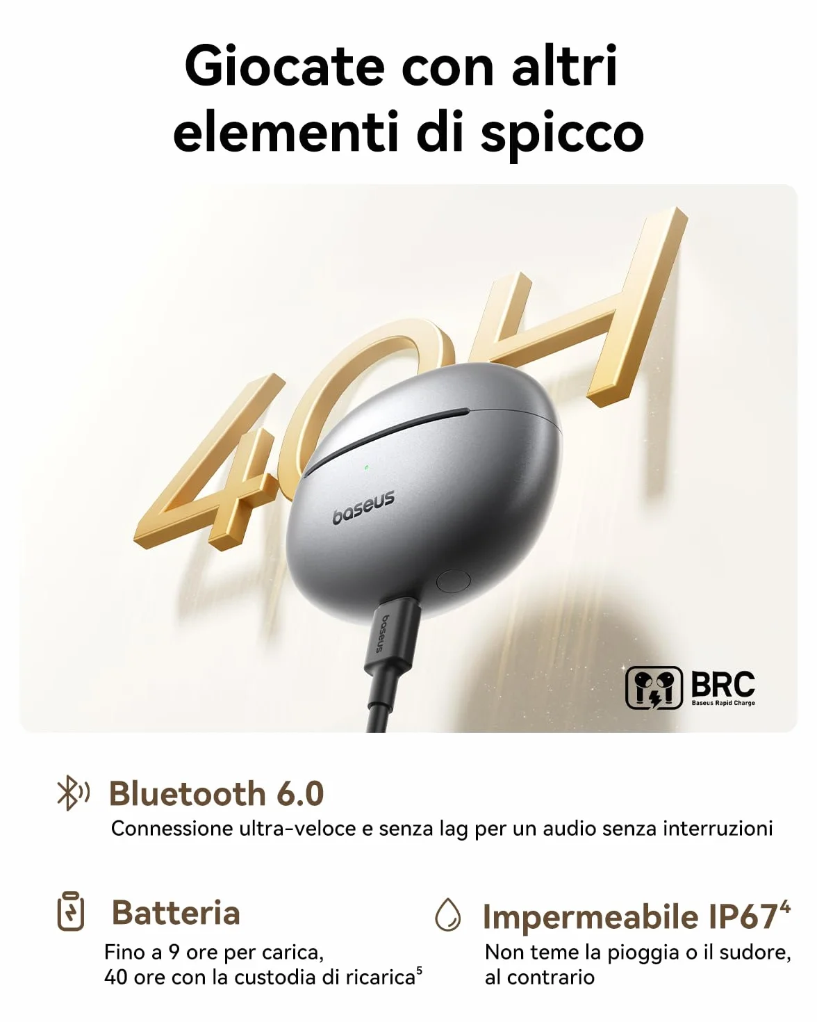 Baseus MC1 Pro Auricolari a Orecchio Aperto, clip per orecchie, suono impressionante, amplificazione dei bassi adattiva, Bluetooth 6.0, cancellazione del rumore in chiamata, IP67, 40H di batteria