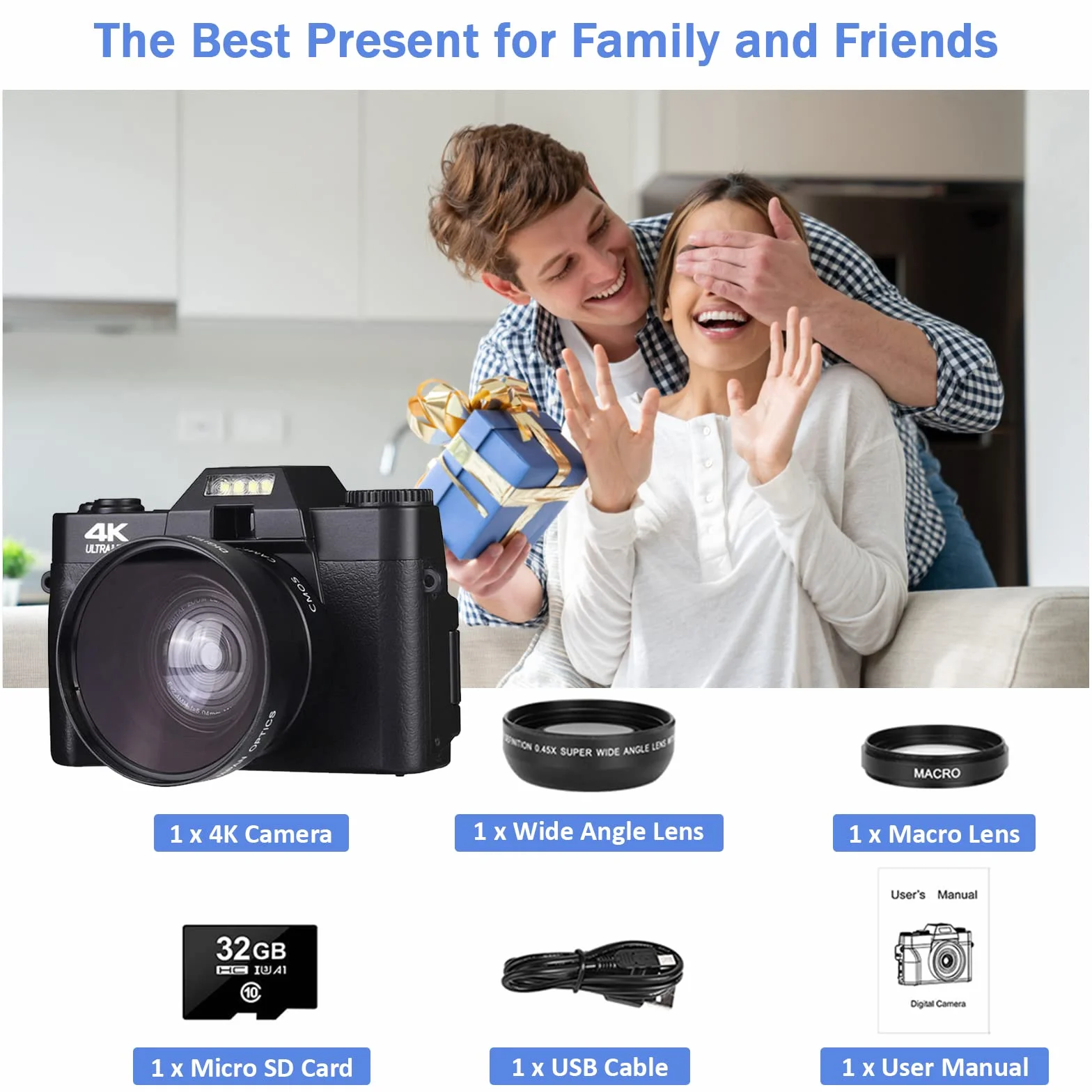 CCN Fotocamera Digitale 4K 48MP, Fotocamera con schermo 3.0" ribaltabile a 180°, fotocamera compatta con zoom digitale 16X, obiettivo grandangolare e obiettivo macro, scheda TF da 64GB, WiFi, nero