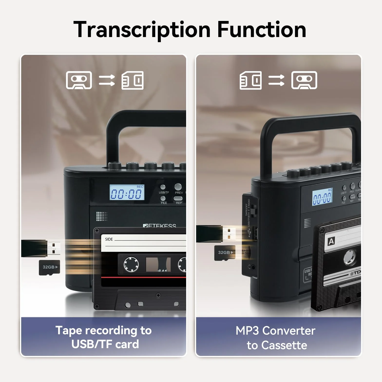 Retekess TR641 Lettore di Cassette Radio Portatile FM AM USB TF Wireless