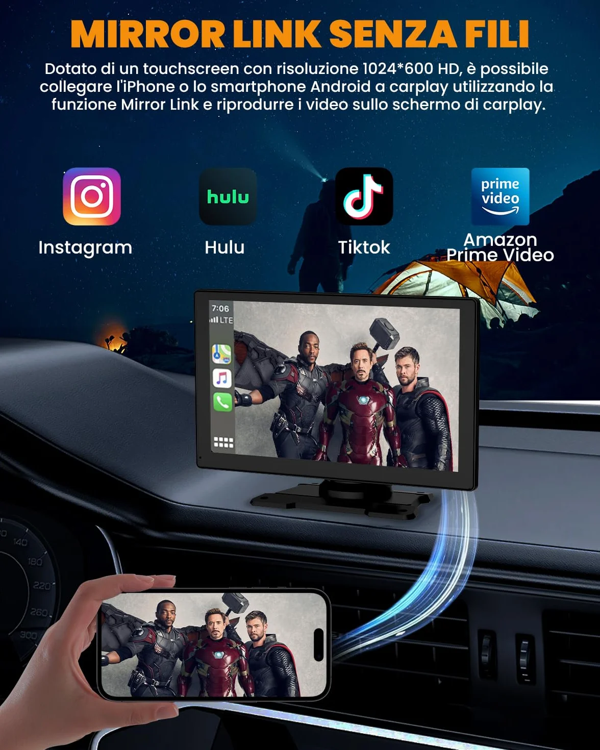 Carplay Auto, 9" Android Auto Wireless, Autoradio Bluetooth con Schermo con 1080P Telecamere Posteriori e Anteriori, Navigazione GPS, Controllo Vocale a Mani Libere, Mirror Link, AUX, FM
