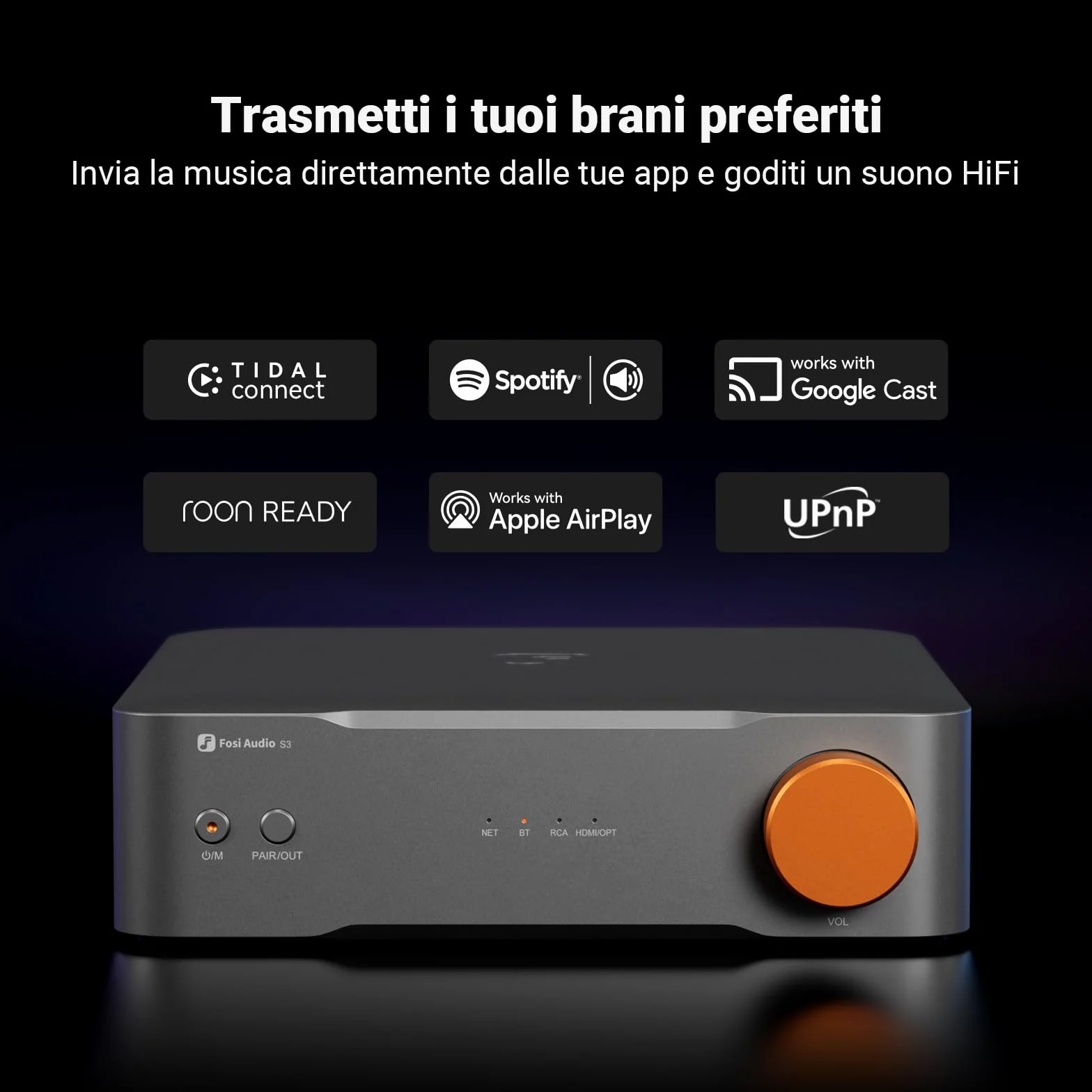 Fosi Audio S3 HiFi Music Streamer DAC Preamplificatore, Wi-Fi 6 Bluetooth 5.3, XLR bilanciato, HDMI eARC, AirPlay 2