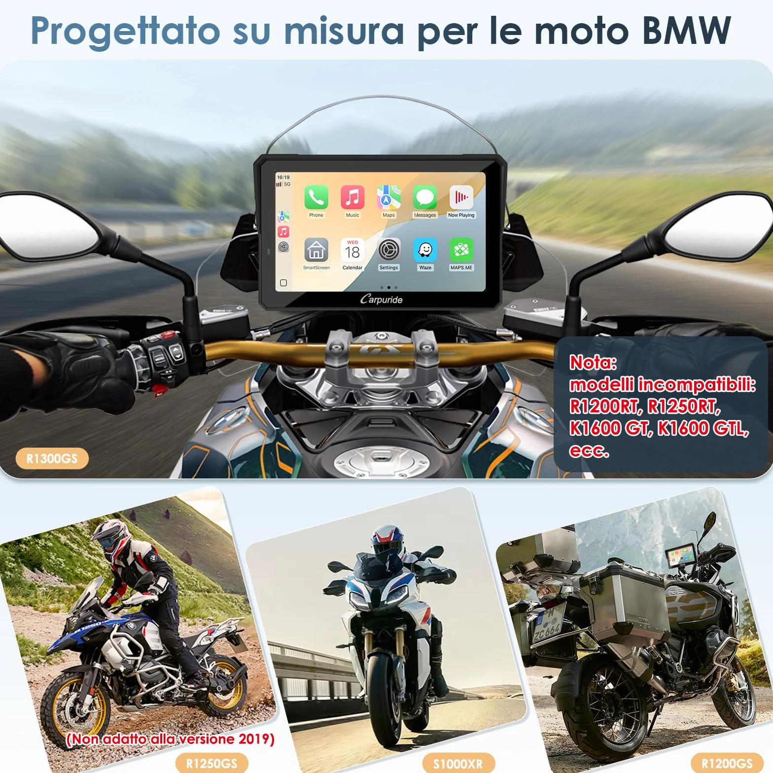 Carpuride W702BS Pro Moto Carplay Schermo con Wonder Wheel per BMW Moto, Senza Fili CarPlay e Android Auto, 7 Pollici Impermeabile Touchscreen, Doppio Bluetooth, Interfono Funzione, Dati Lettura.