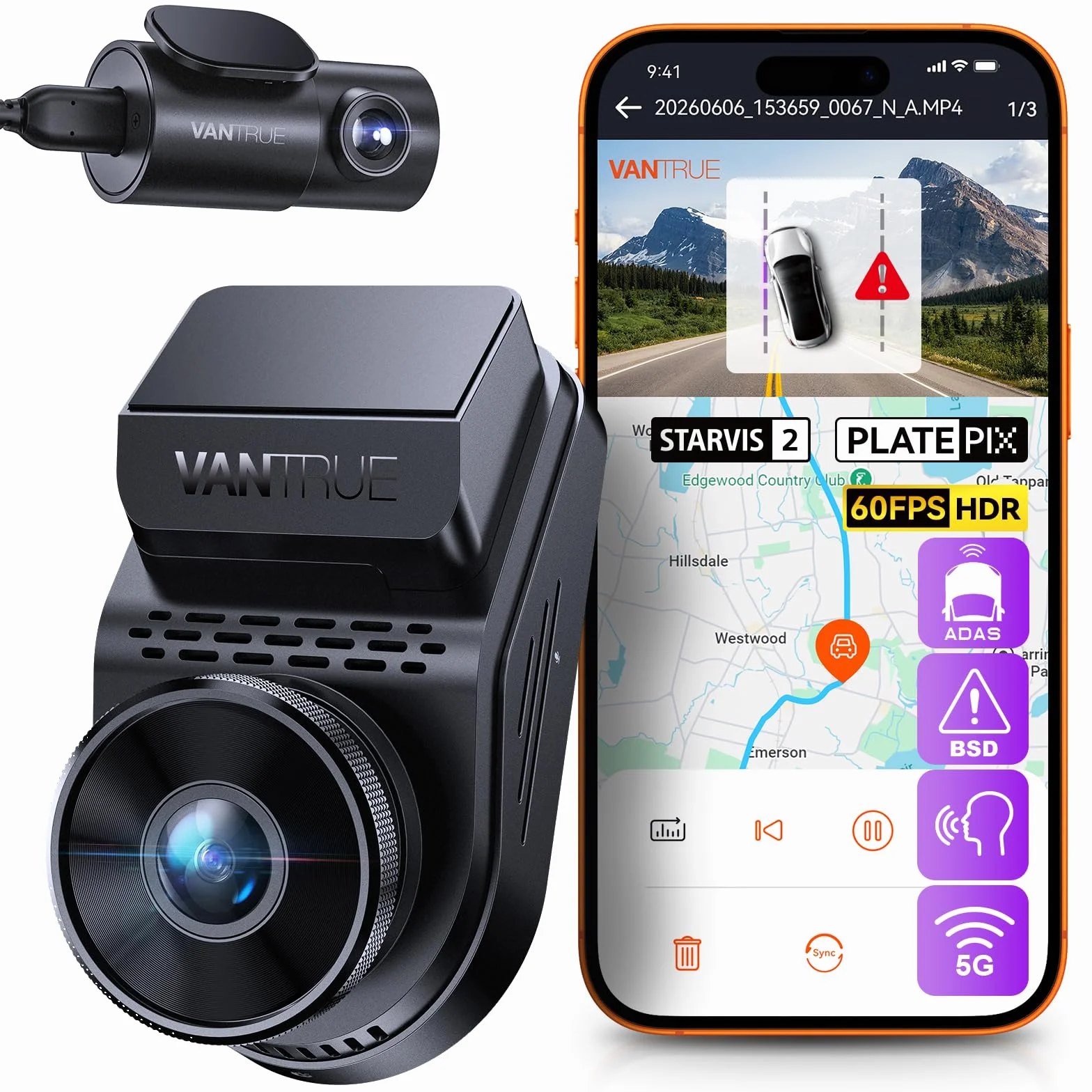 Vantrue S1 Pro DashCam 2.7K+1080P, 60FPS STARVIS 2, PlatePix Tech, Doppia Dash Cam AI con ADAS e BSD, Visione Notturna, WiFi 5GHz, GPS, G-Sensor, Controllo Vocale e 24h Modalità Parcheggio
