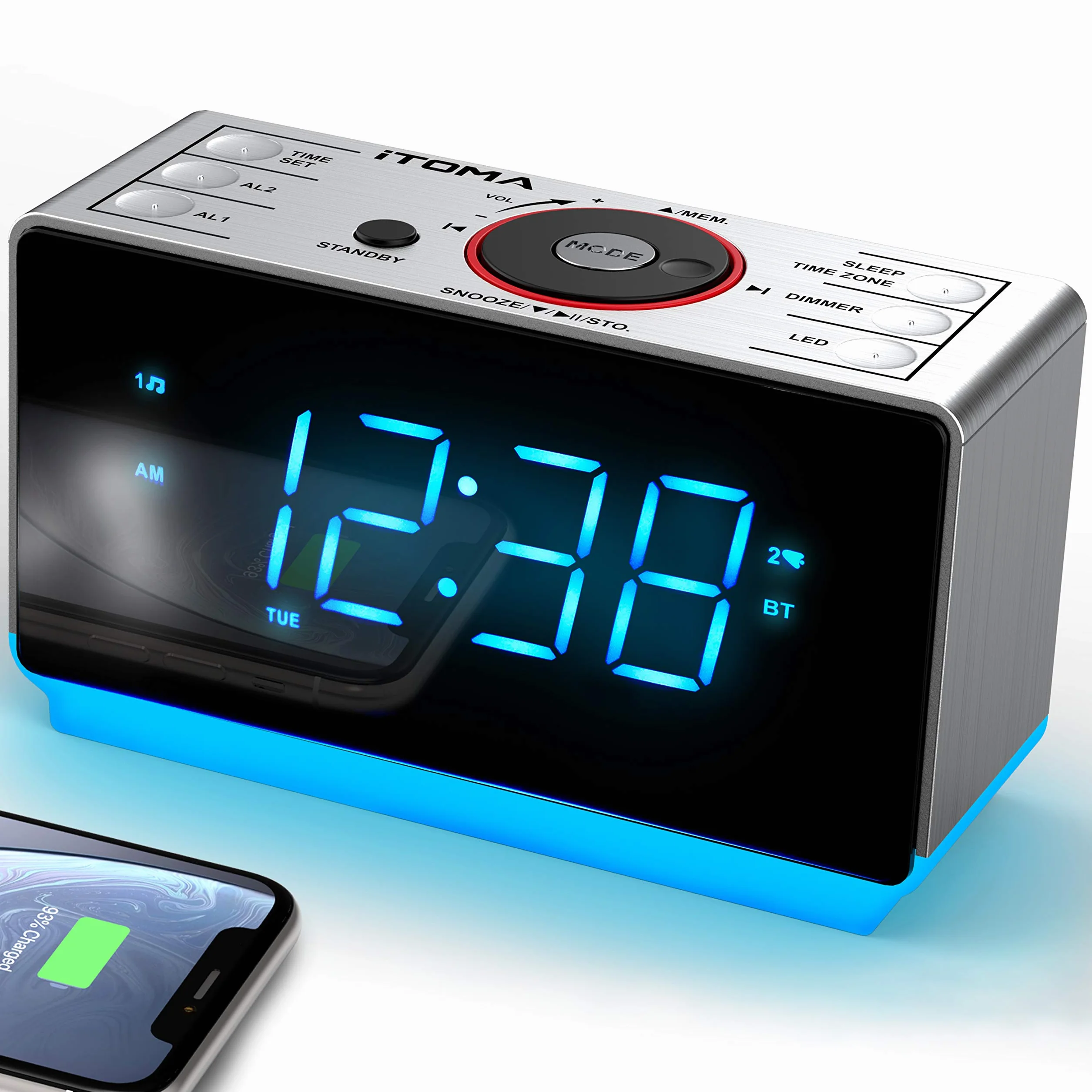iTOMA Radiosveglia Bluetooth Digitale FM Doppia Sveglia Snooze Dimmer Ricarica USB Luce Notturna CKS708