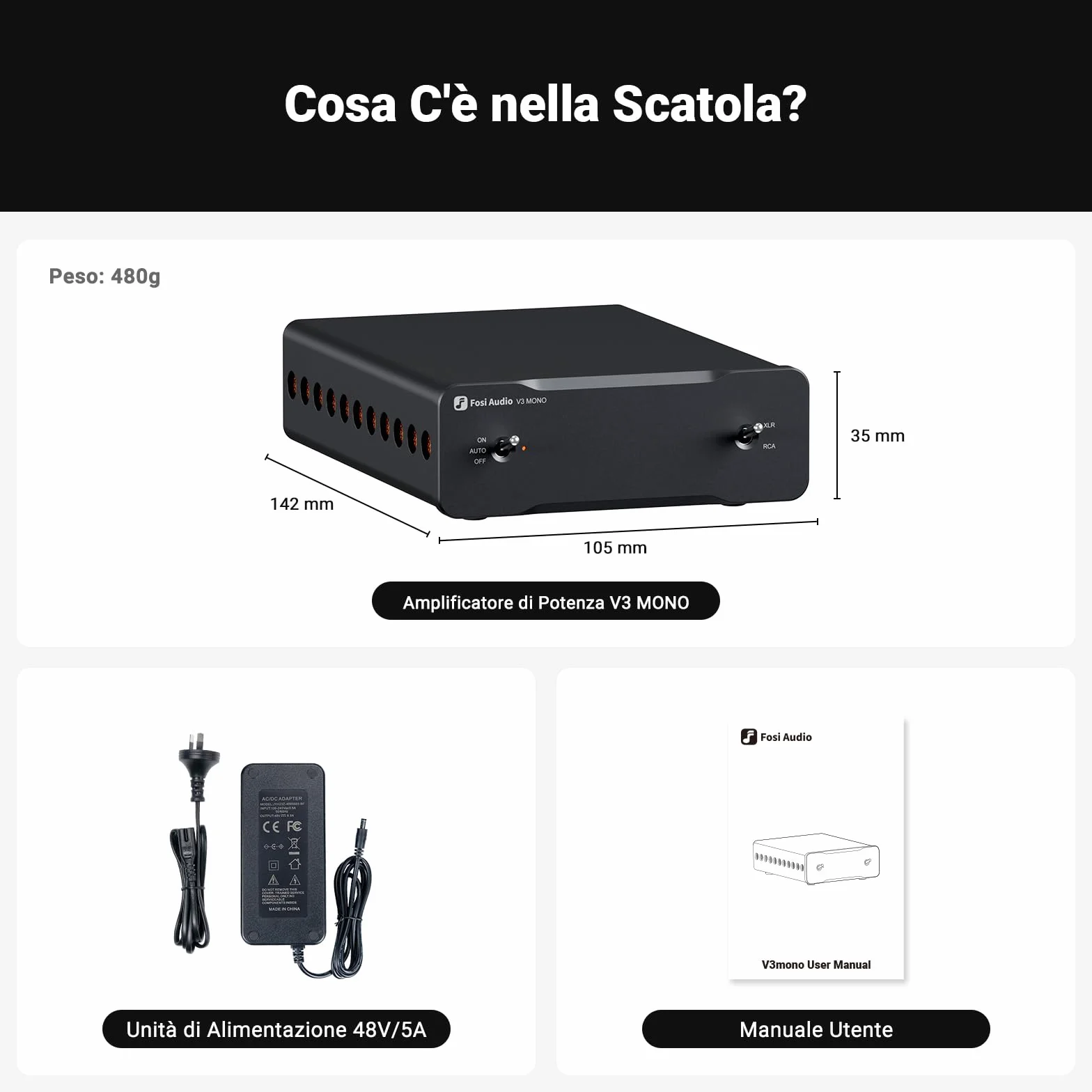 Fosi Audio V3 Mono Amplificatore Audio HiFi, Mini Amplificatore Monoblocco, Classe D TPA3255, 240W per Home Theater AVR Ricevitore Component, Ingressi Bilanciati RCA/XLR, Diffusori, con 48V/5A Power