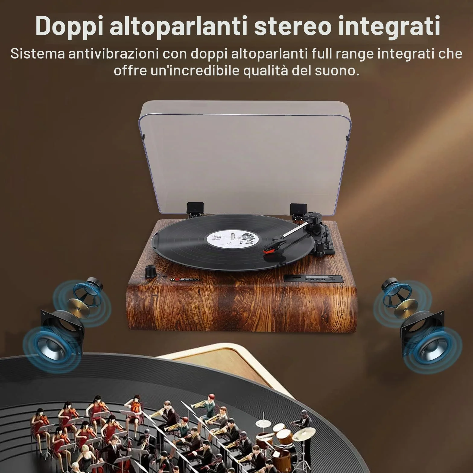 Vosterio Vinile Giradischi Bluetooth Portatile a Tre Velocità,Vintage con Altoparlanti Stereo Integrati, con Uscite RCA, Presa Cuffie, Radio FM, USB, Aux-in e display a LED