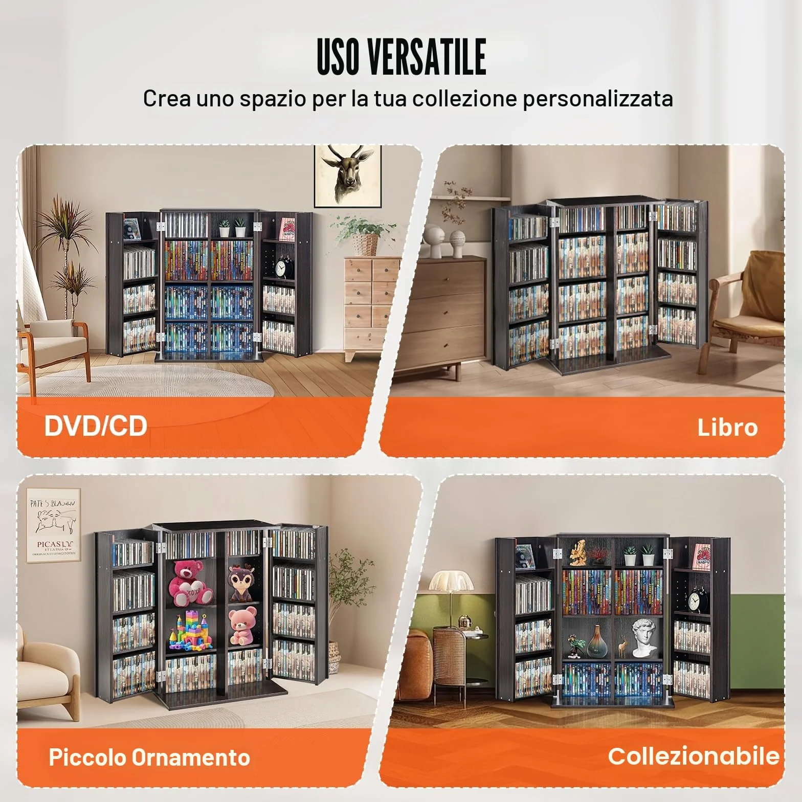VEVOR Armadietto Portaoggetti Multimediale,Contenere Fino a 576 CD, Mobiletto DVD con Ante e Ripiani,Fipiani Regolabili Protegge Organizza Collezioni di Musica, Film,Videogiochi Cimeli, Espresso