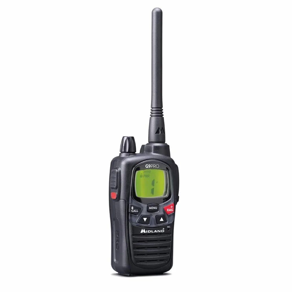 Midland - Walkie Talkie G9 PRO, Ricetrasmittenti Professionali IPX4 Waterproof per Softair e Outdoor, 101 Canali - 32 PMR446/69 LPD, Copertura 12Km, Autonomia 23H, 4 Batterie Ricaricabili e Accessori