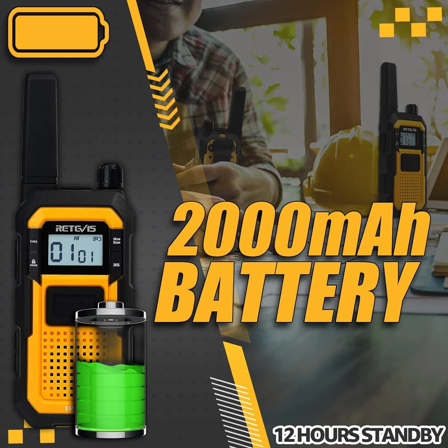 Retevis RB648 Walkie Talkie, Radio Bidirezionale Impermeabile IP67,walkie talkie professionali Anticaduta, Antipolvere, Tripla Prova Avanzata,Adatto per edifici Industriali (2 Pezzi, Giallo)