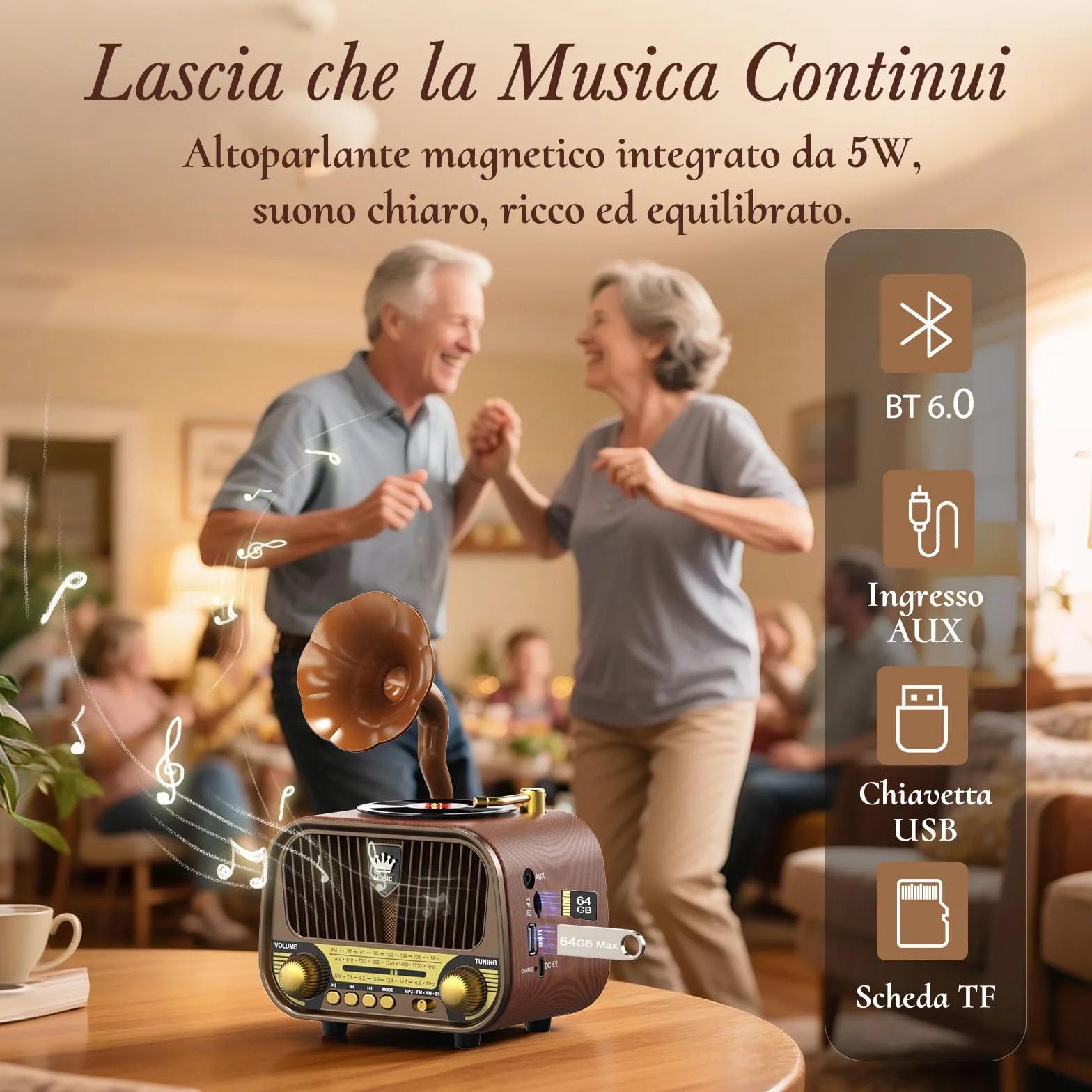 PRUNUS J-190 Radio Portatile Vintage FM/AM/SW, Bluetooth 6.0, Batteria 1800 mAh, TF/USB/AUX