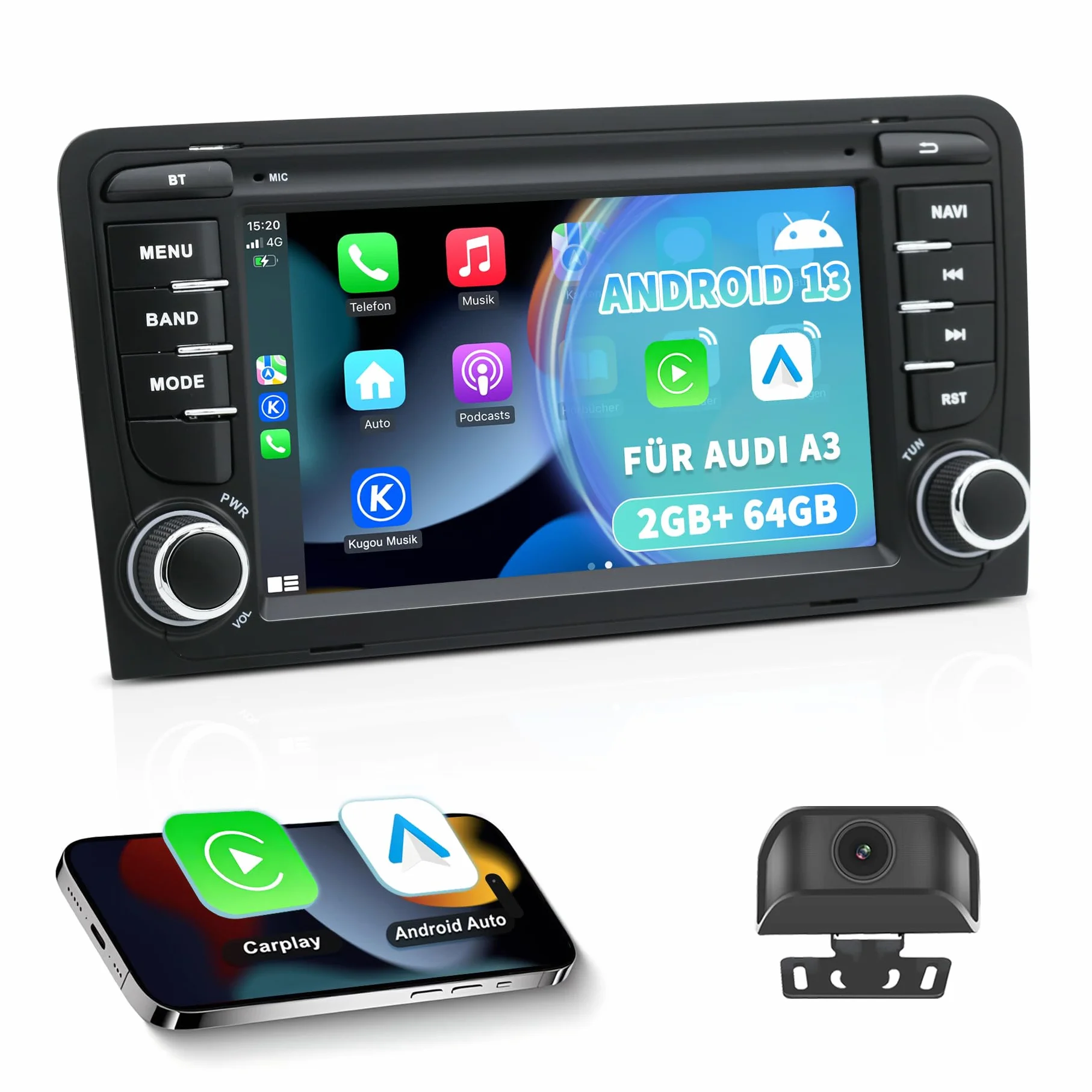 Autoradio Android 13 per Audi A3/S3/RS3 8P (2003-2012), touchscreen HD da 7 pollici, CarPlay/Android Auto wireless, Navigazione GPS, Wi-Fi, Bluetooth + Telecamera posteriore HD, Comandi al Volante