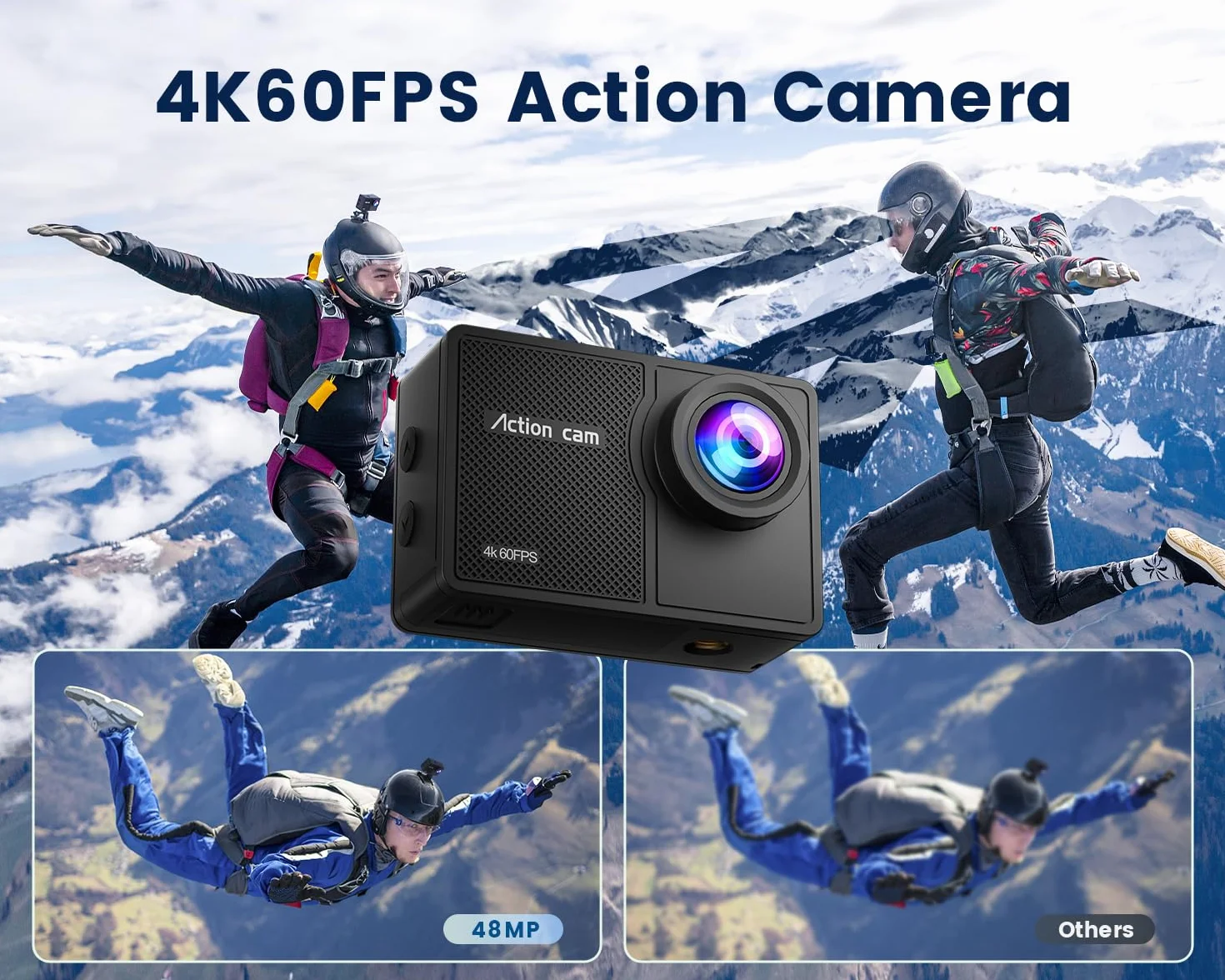 Action Cam 4K60FPS 48MP HD con Scheda SD 64GB,40M Macchina Fotografica Subacquea,Zoom 8x Videocamera,EIS,WiFi,Telecomando,2 * 1350 mAh-POV Senza Mani per Sport Estremi(Accessori Inclusi)