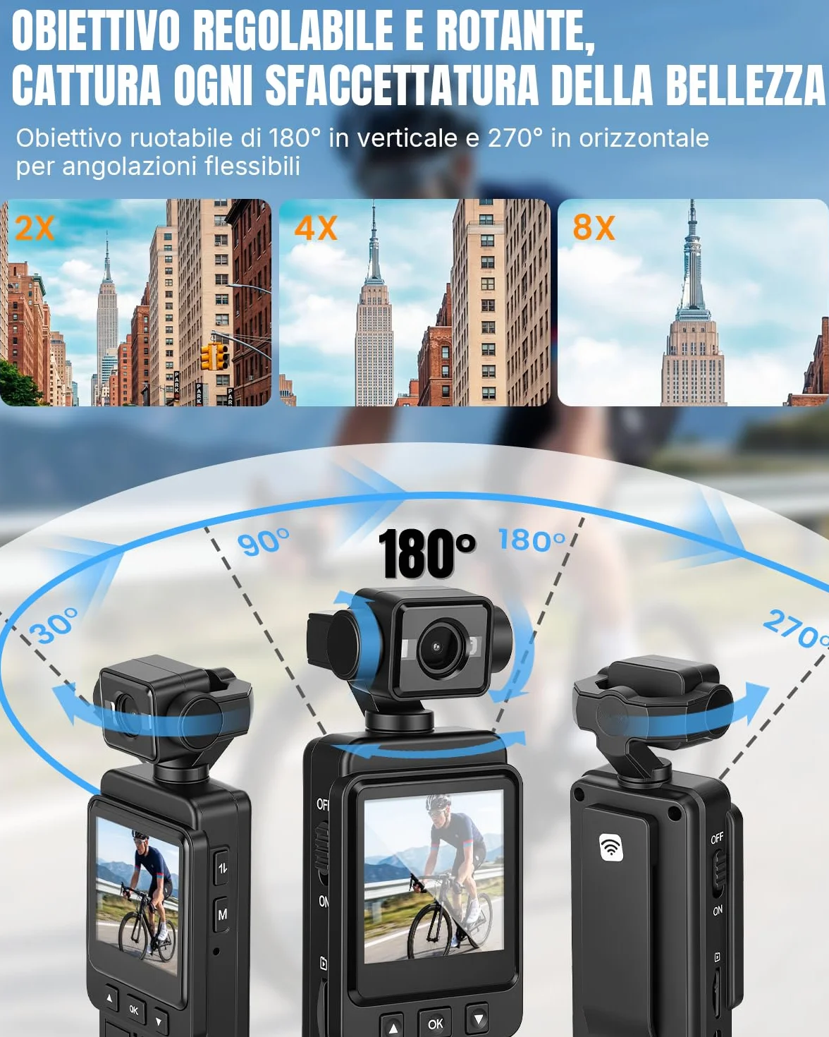 Mini Bodycam 4K, WiFi Fotocamera per Vlog, Videocamera Sportiva, Action Cam Portatile POV Telecamera Lente con Rotazione di 270°, per Fotografia, Youtube, Viaggi
