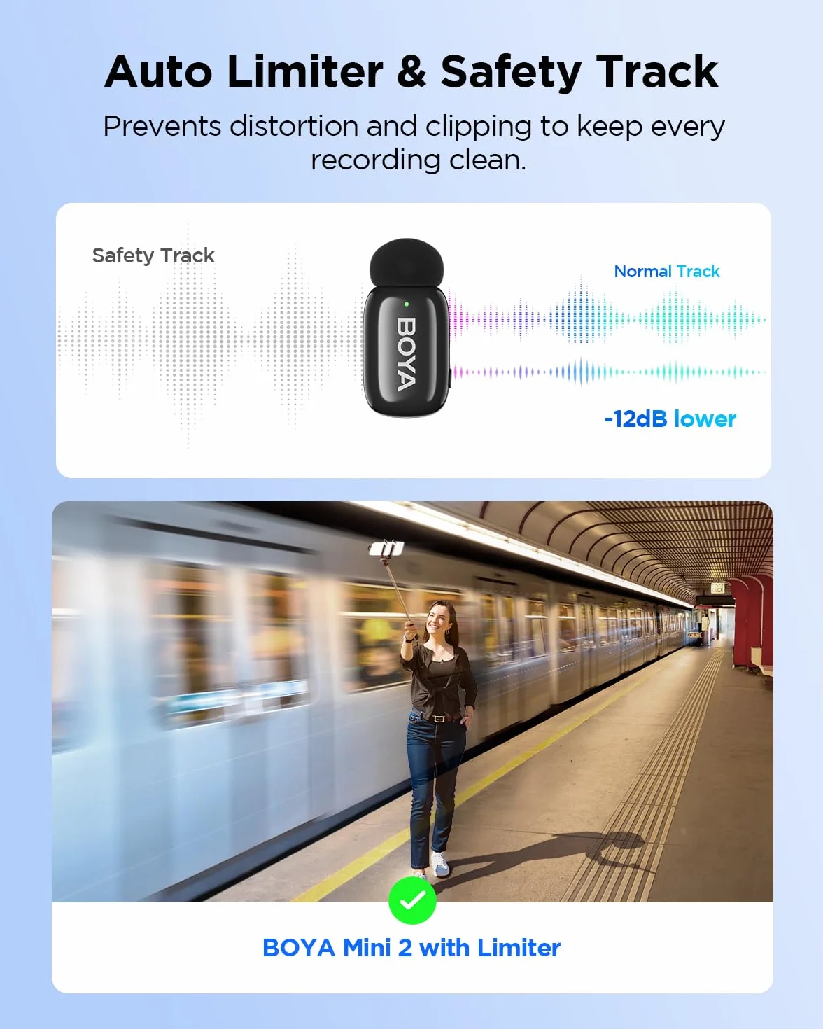 BOYA Mini 2 Microfono Wireless iPhone e Android, Microfono Lavalier Wireless per video social, 48kHz/24Bit, 100m di Portata, 30 Ore di Batteria, Cancellazione Del Rumore AI, TikTok
