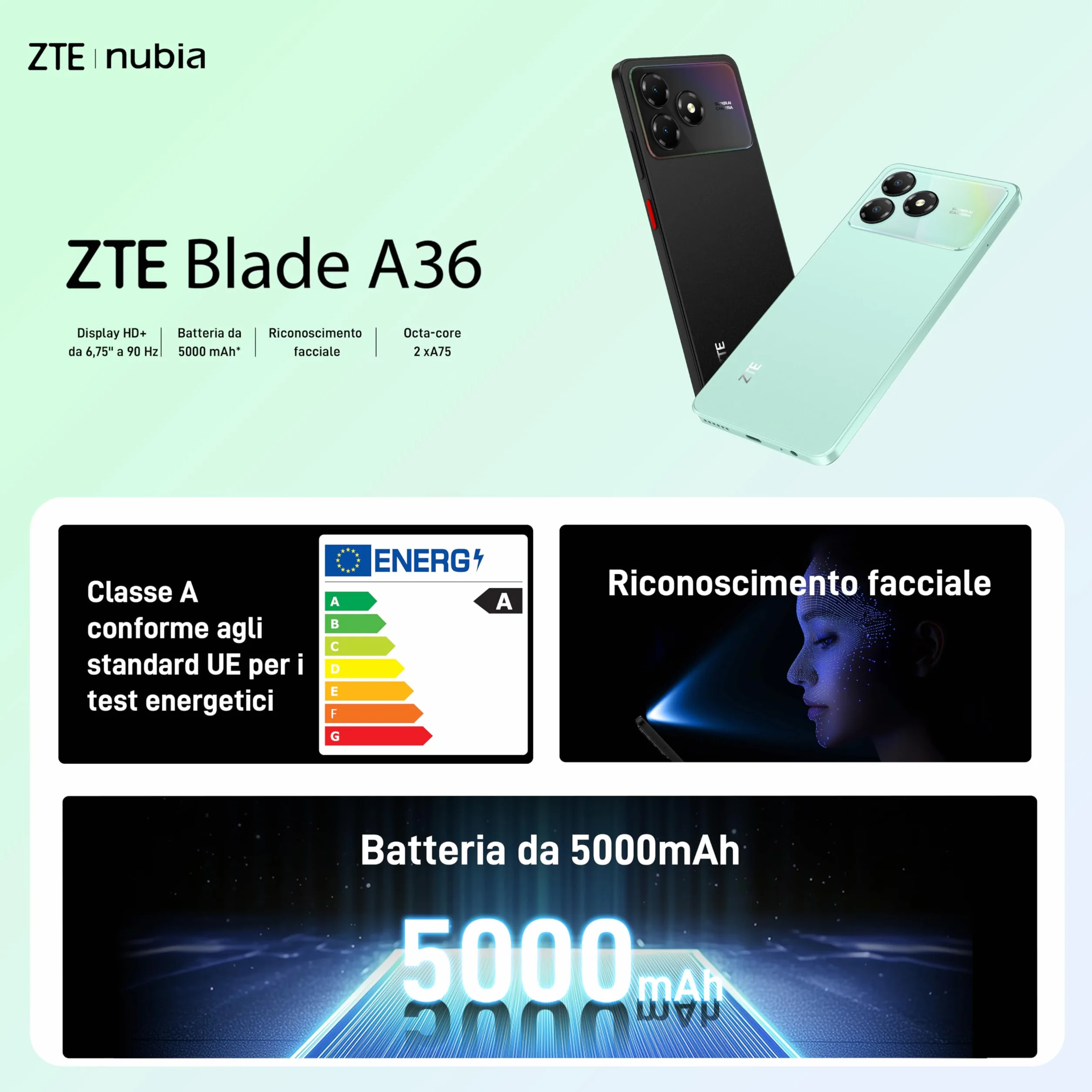ZTE Blade A36 Smartphone 4G, Memoria 64GB, RAM 12GB (4GB+8GB memory fusion), Batteria 5000mAh, Fotocamera 8Mpx con AI, Android 15, Nebula Black