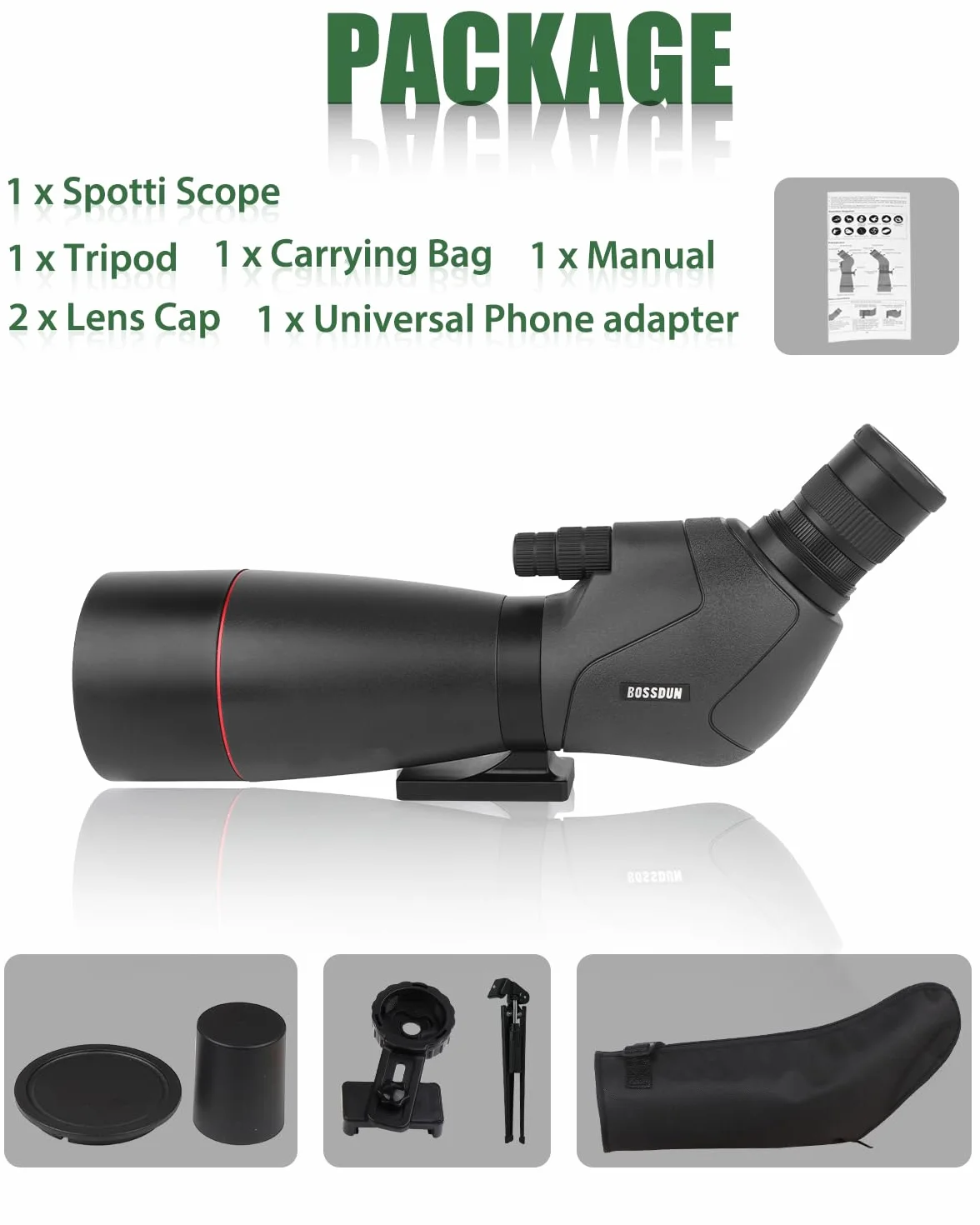 Cannocchiale Zoom ad Alta Potenza con Adattatore per Telefono, Treppiede, Borsa, Oculare Angolato 45°, per Tiro al Bersaglio, Osservazione Uccelli e Caccia (black)