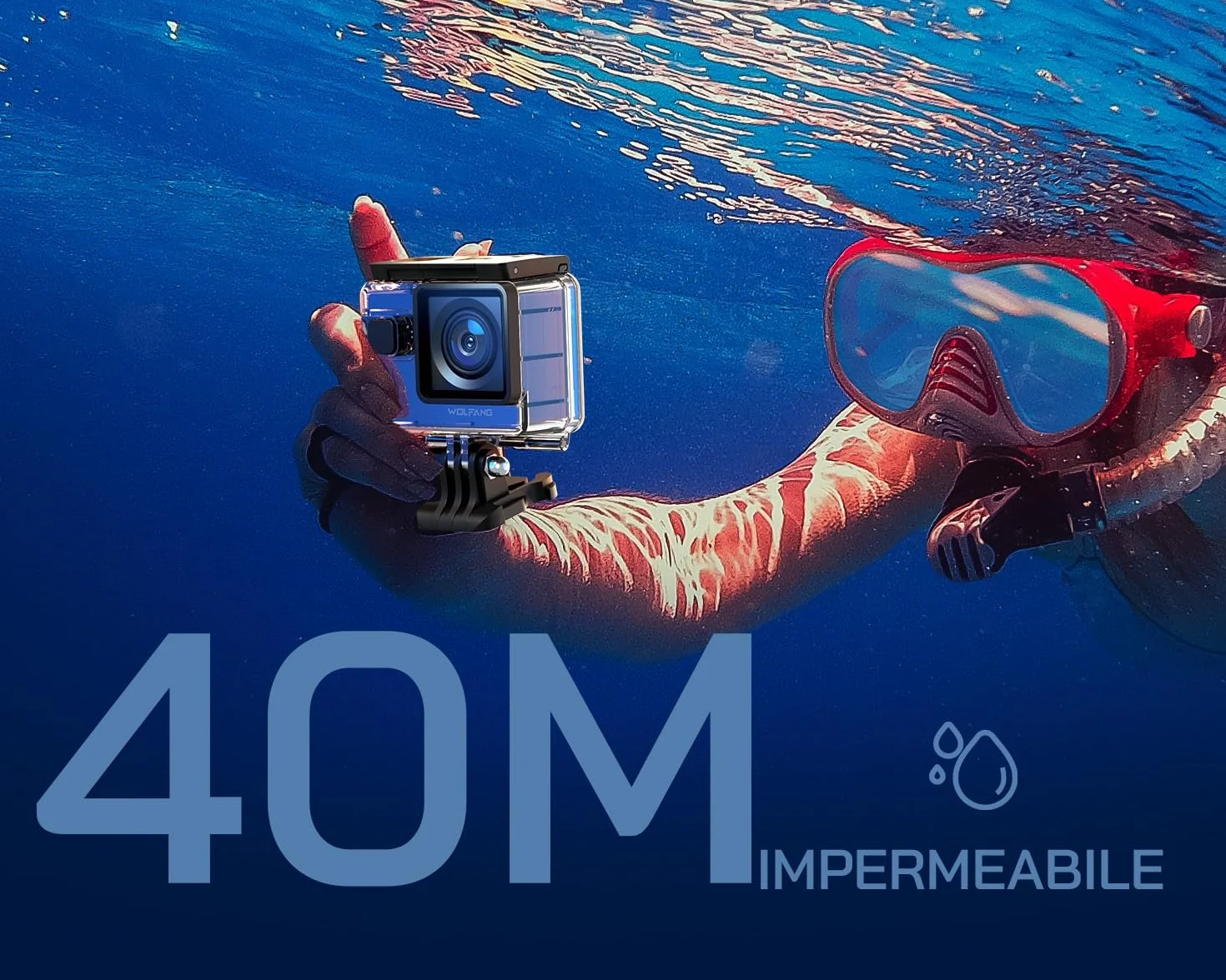 WOLFANG Action Cam GA300 4K 60FPS, 20MP WiFi EIS Action Camera con schermo tattile, 8X Zoom Fotocamera Impermeabile 40M Subacquea Videocamera, Mic Esterno, Telecomando 2x1350mAh Batterie e Accessori