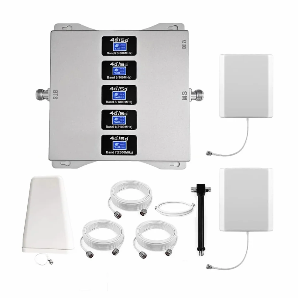 Ripetitore 4G 5G Amplificatore Segnale Cellulare, 5 Bande 800/900/1800/2100/2600MHz, Due Antenne Interne