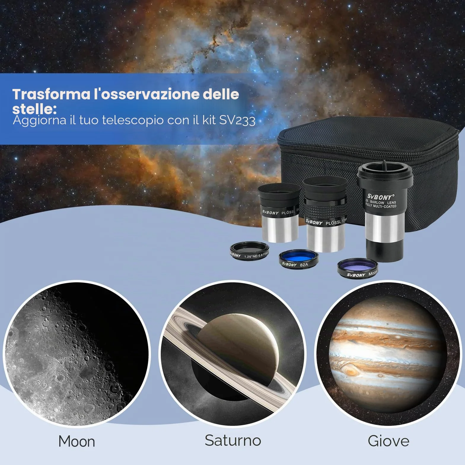Svbony SV233 Oculare Telescopio Astronomico Kit, Oculare PLOSSL da 6 mm, 17 mm, 2 Lenti di Barlow, Filtro Lunare, Filtro ND4, Filtro Colorato 82A, con Borsa Portatile, per Pianeti Visivi Astronomici