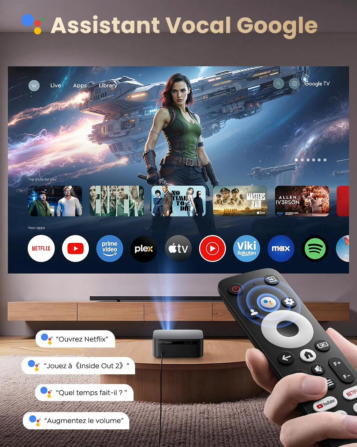 Proiettore【1500 ANSI/Google TV】Netflix Incluso Proiettore 4K Support, Autofocus/Keystone Nativo 1080P Smart Videoproiettore Full HD WiFi Bluetooth con Controllo Vocale Remoto per Home Cinema