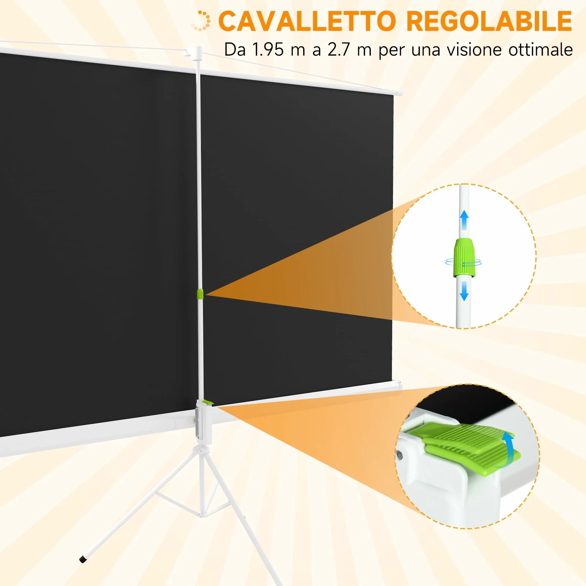 HOMCOM Telo Proiettore da 100 Pollici 4K HD Formato 16:9 con Treppiede Pieghevole e Altezza Regolabile, Schermo Proiettore Portatile, Grandangolo di 160 Gradi, per Casa, Home, Cinema, Esterno, Bianco