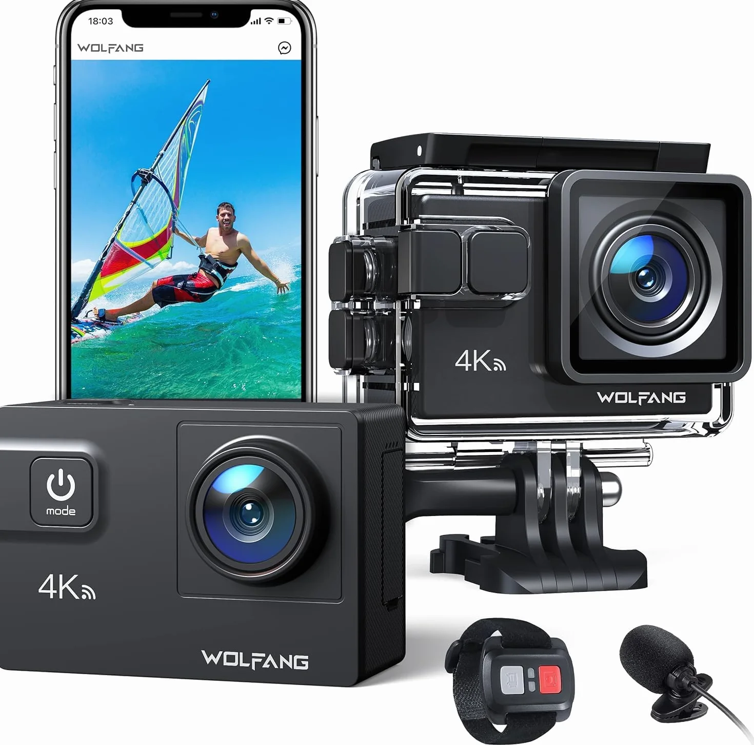 WOLFANG Action Cam GA300 4K 60FPS, 20MP WiFi EIS Action Camera con schermo tattile, 8X Zoom Fotocamera Impermeabile 40M Subacquea Videocamera, Mic Esterno, Telecomando 2x1350mAh Batterie e Accessori