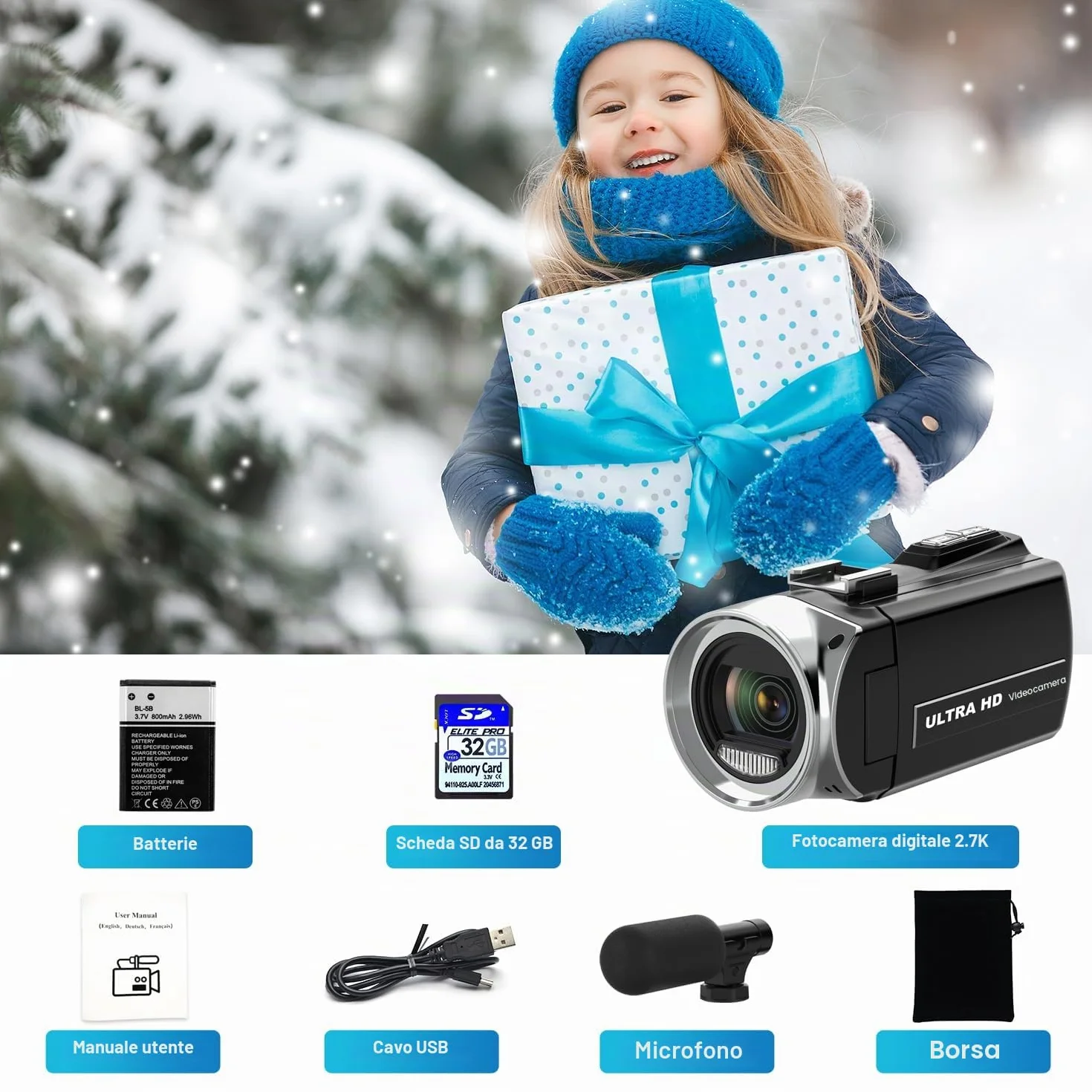 Videocamera FHD 48MP 4K per YouTube, 18X Zoom Digitale, Schermo IPS 3.0” con Rotazione 270 Gradi, Inclusa Scheda Memoria SD da 32GB