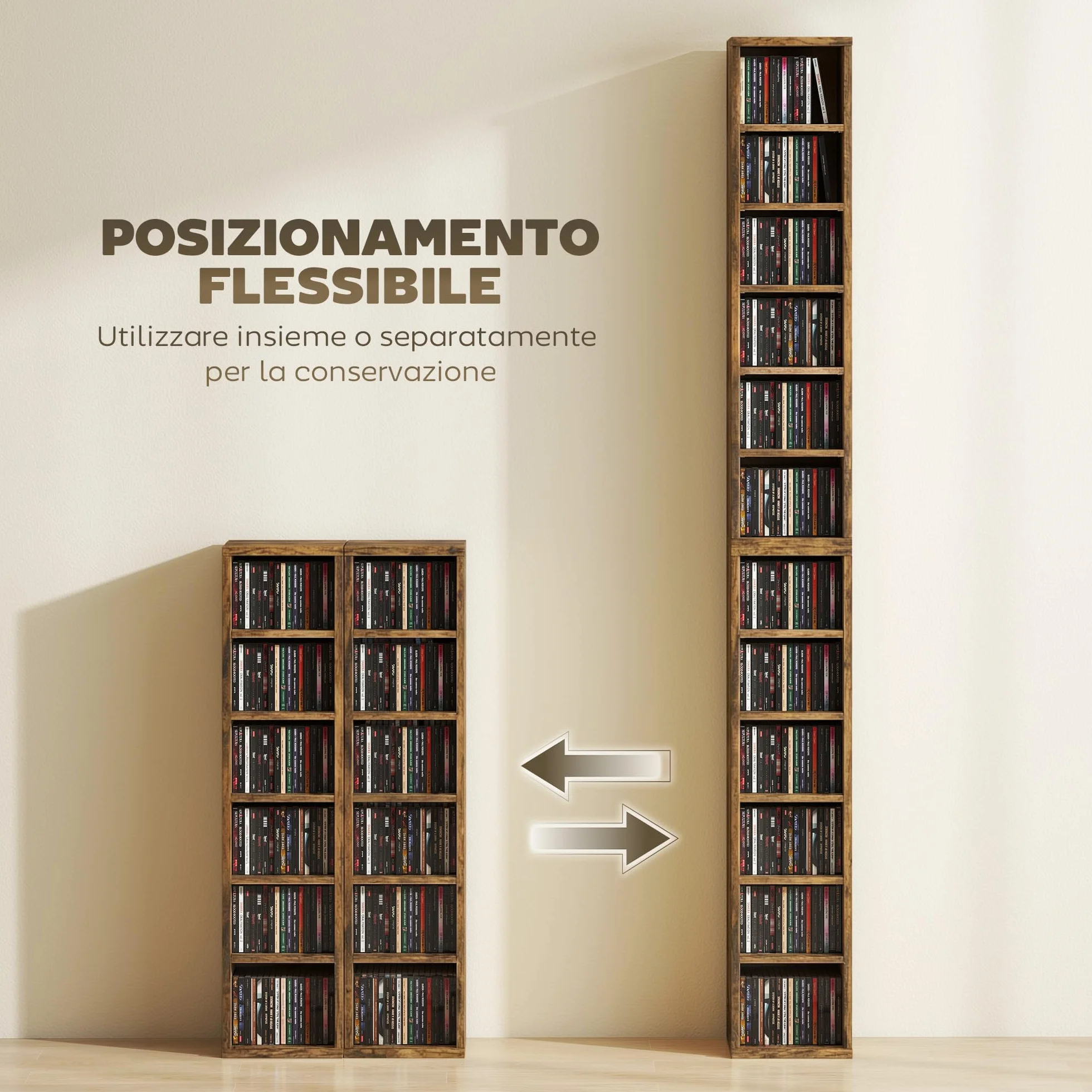 HOMCOM Scaffale Porta CD 2 Pezzi a 6 Ripiani, Scaffale Libreria in Legno per 204 CD ad Altezza Regolabile, 21x22.5x88.5 cm, Marrone Rustico
