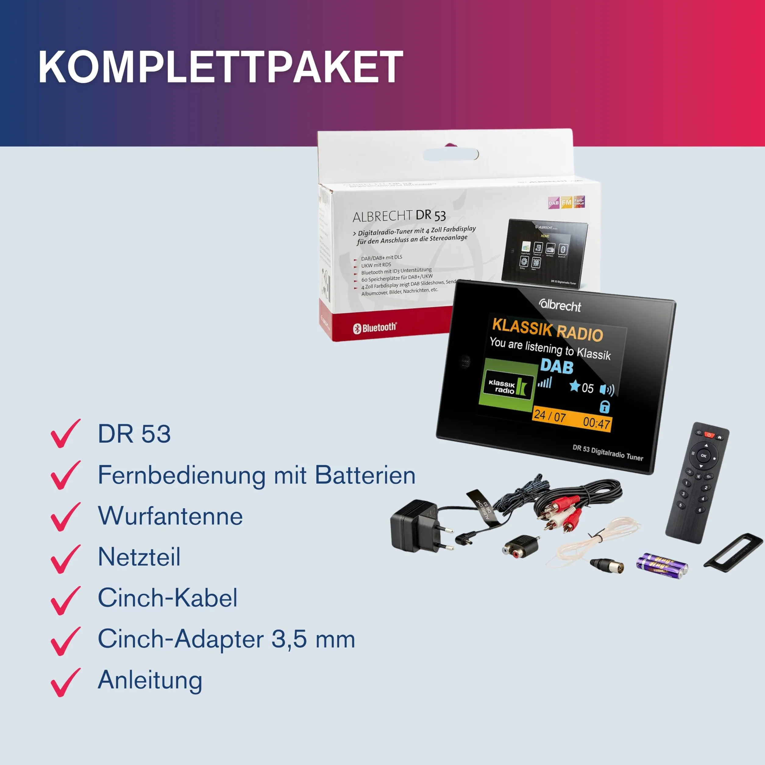 Albrecht DR 53 Sintonizzatore Radio Digitale DAB/DAB+ FM Bluetooth 4'' Display