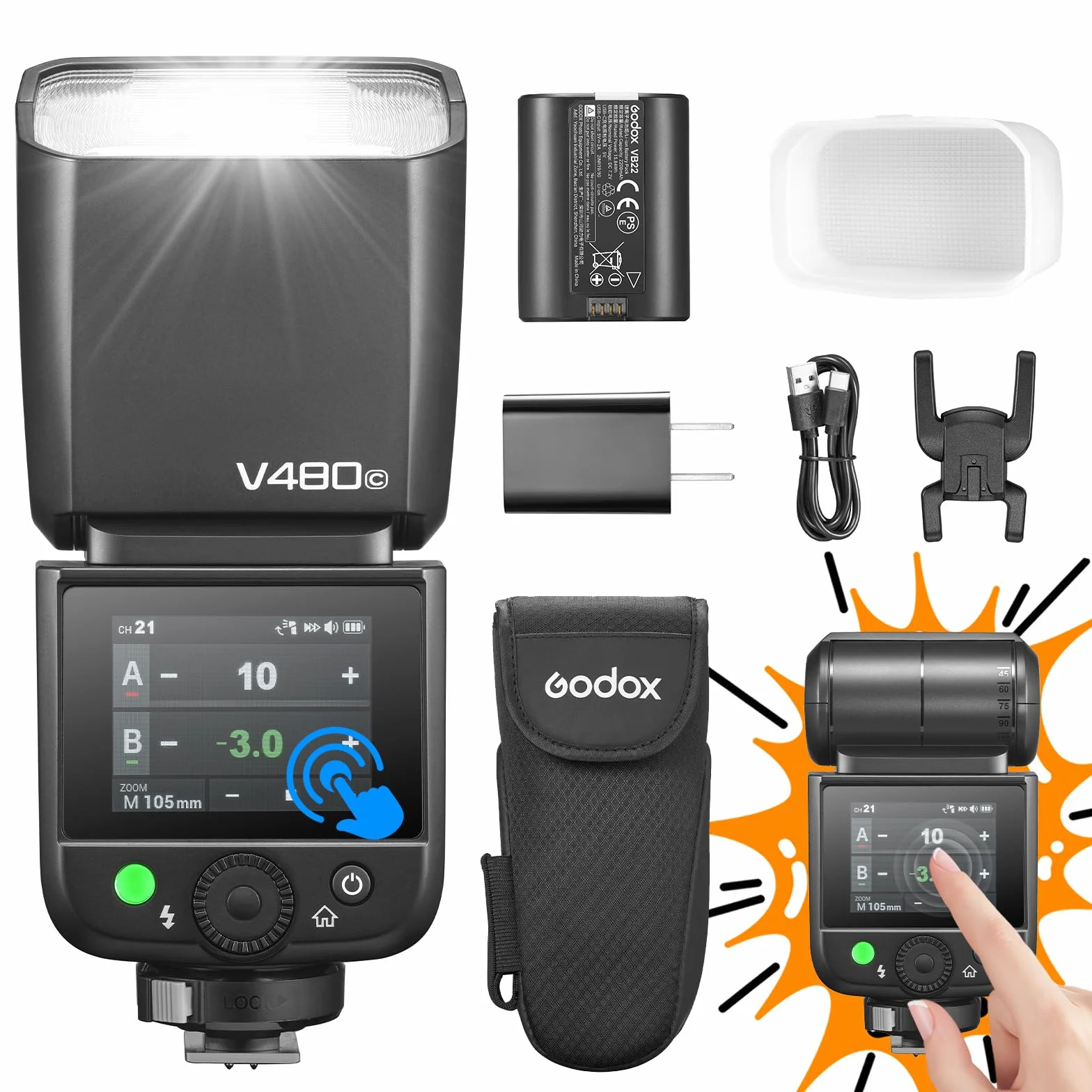 Godox V480C V480-C Flash per Fotocamera Camera Flash 7,2 V/2200mAh TTL GN50 650 Flash a Piena Potenza per Canon R6 Mark II R10 R7 R100 EOS-R R5 Mark II R6 RP R8 M50 600D 90D 700D 750D