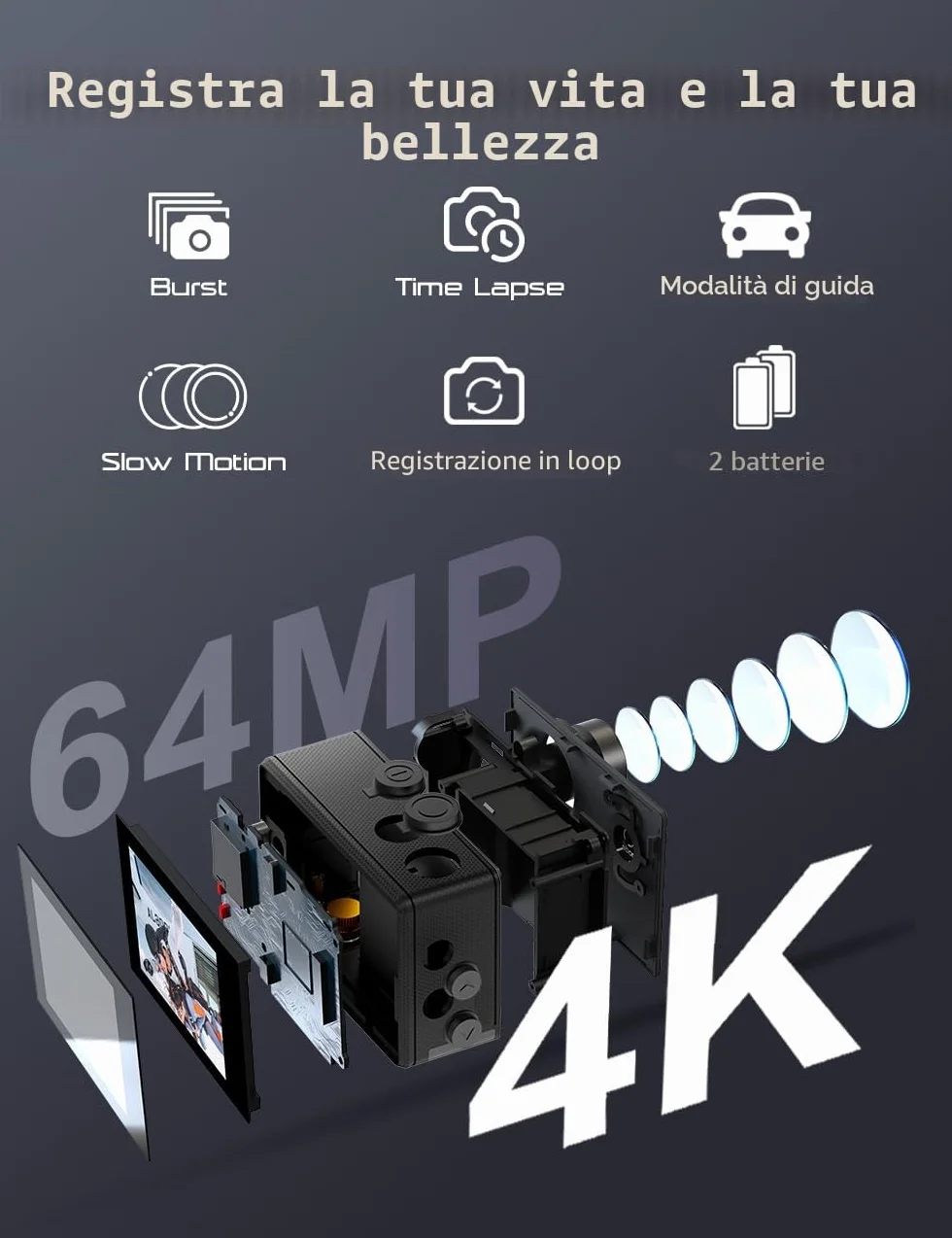 Apexcam 4K 60FPS EIS Action Cam 64MP Con Scheda di Memoria 64GB WiFi Sports Camera Ultra HD Telecamera subacquea 40M 2.4G Telecomando Time Lapse 2x1350mAh Batterie