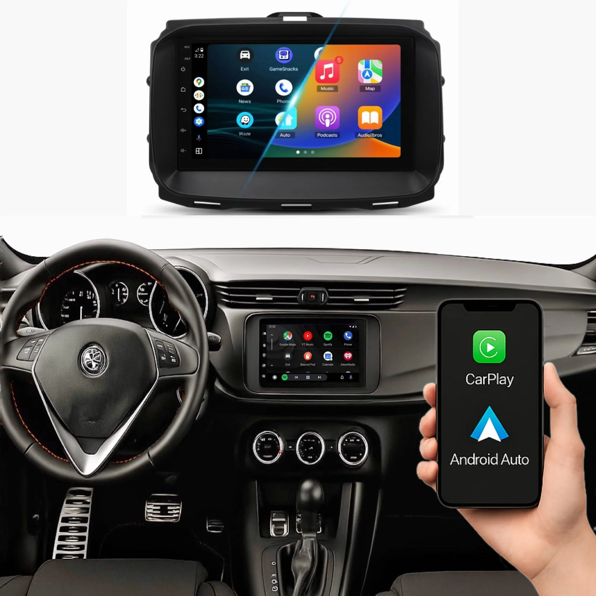Autoradio Custom Fit per Alfa Romeo Giulietta 2015–2020 con CarPlay e Android Auto | Schermo Touch HD 2DIN | Navigatore GPS | Bluetooth | USB | Retrofit Plug & Play | Compatibile comandi al volante