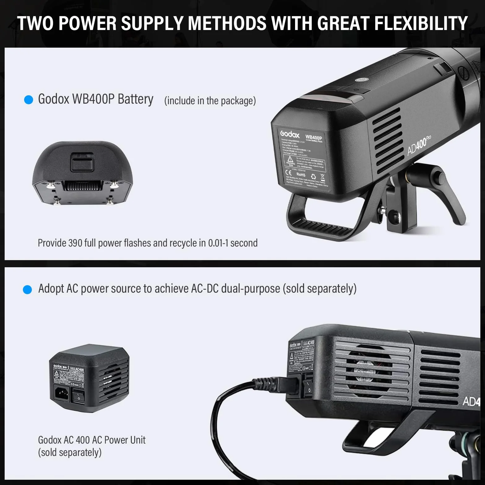 Godox AD400Pro 400W GN72 TTL 1/8000s HSS 2.4G X Sistema All-in-One Flash Speedlite Strobe Light, funzionamento a batteria, 390 Full Power Pops, Tempo di riciclaggio 0,01-1s