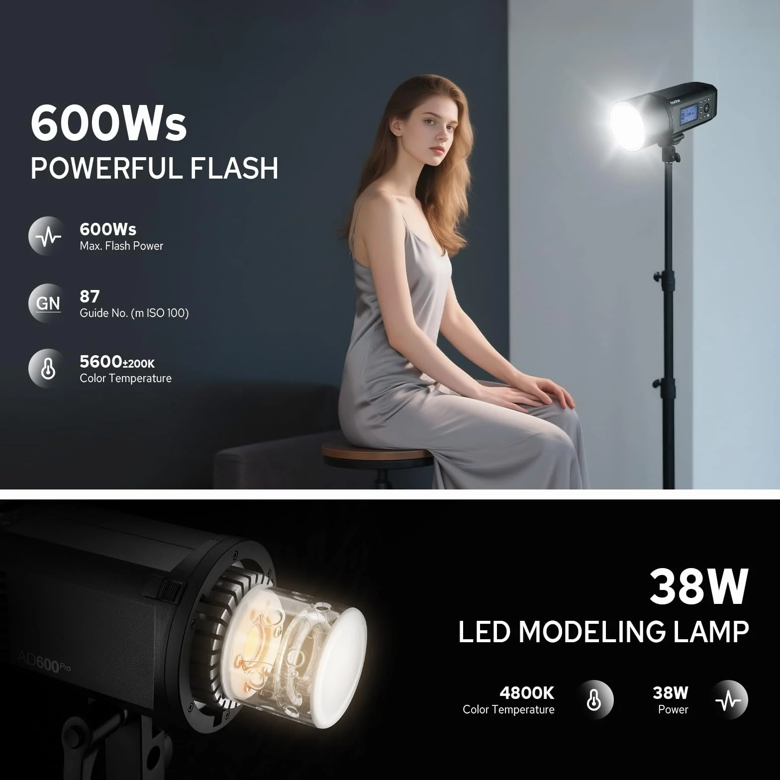 Godox AD600Pro Flash per fotocamere Canon Nikon Sony Fujifilm Olympus Panasonic, 360 flash completi, riciclo 0,01-0,9s, HSS 1/8000s 2,4G Wireless X System, 600Ws TTL Flash con batteria da 2600 mAh